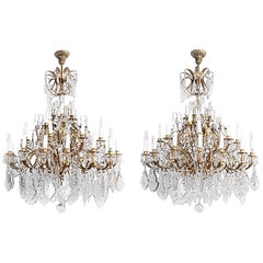 Pair of Louis XV Style Chandeliers in Gilt Brass and Crystal Tassels, circa 1950