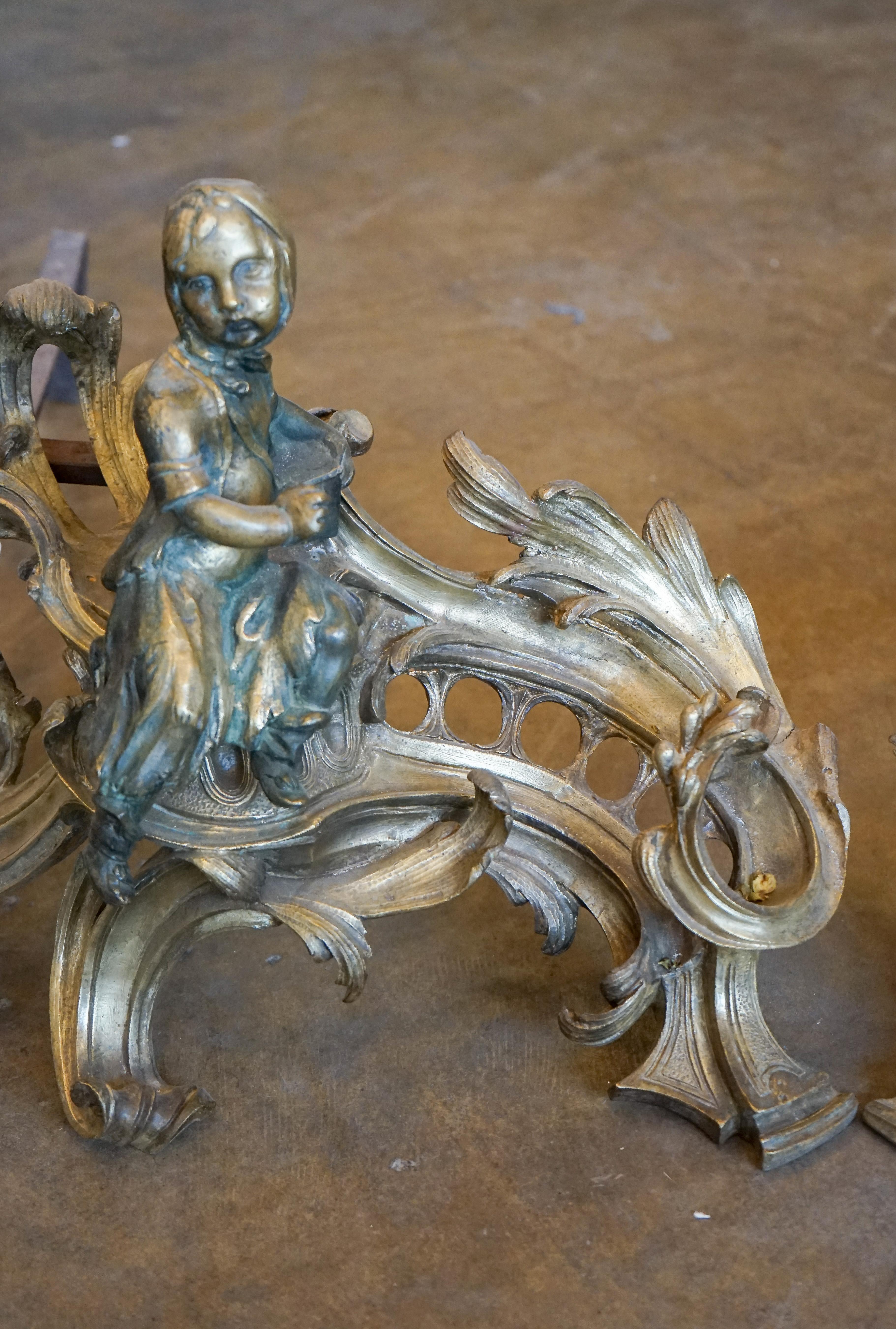 French Pair of Louis XV Style Chenets, circa 1850 For Sale
