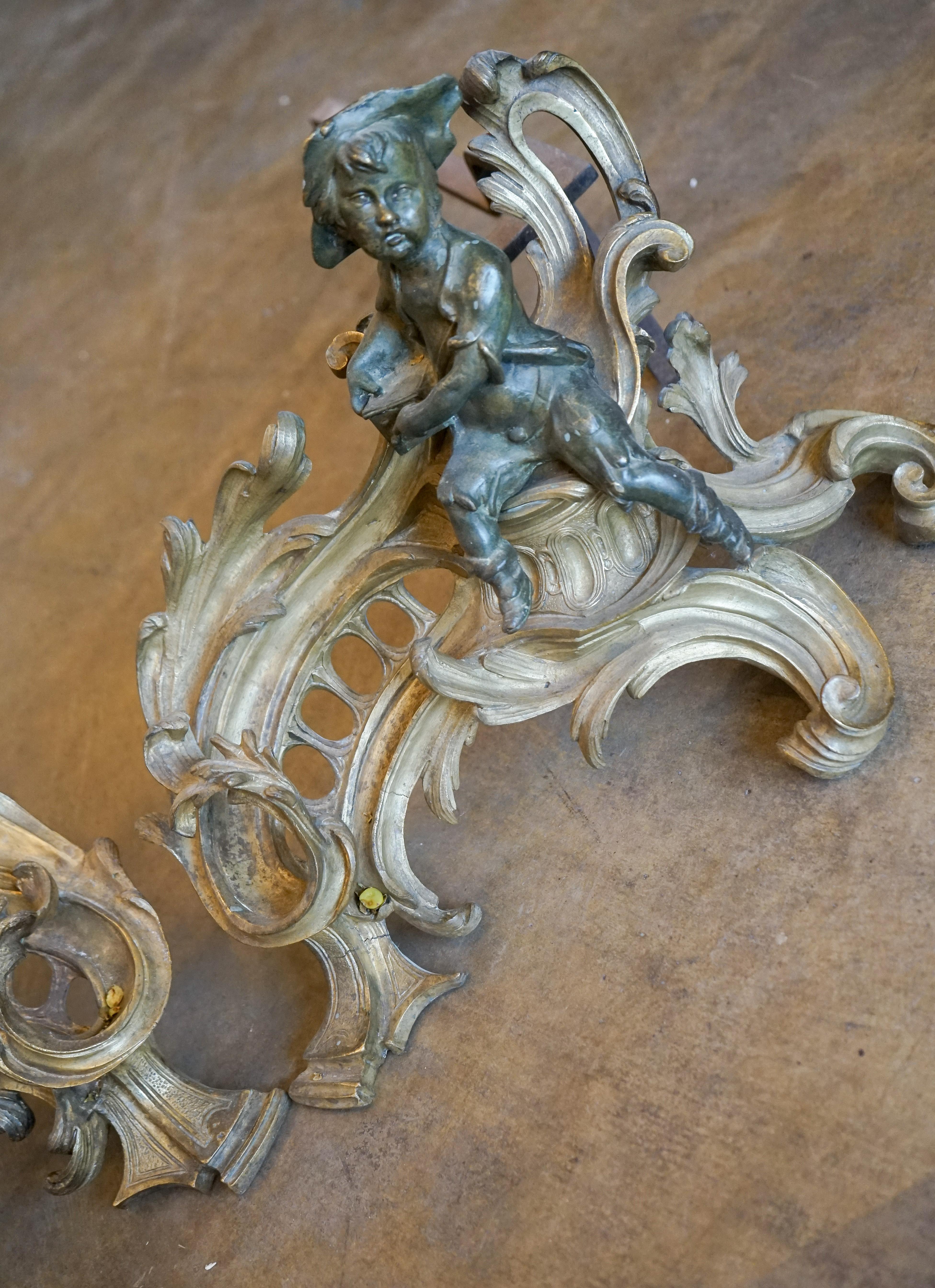 Mid-19th Century Pair of Louis XV Style Chenets, circa 1850 For Sale