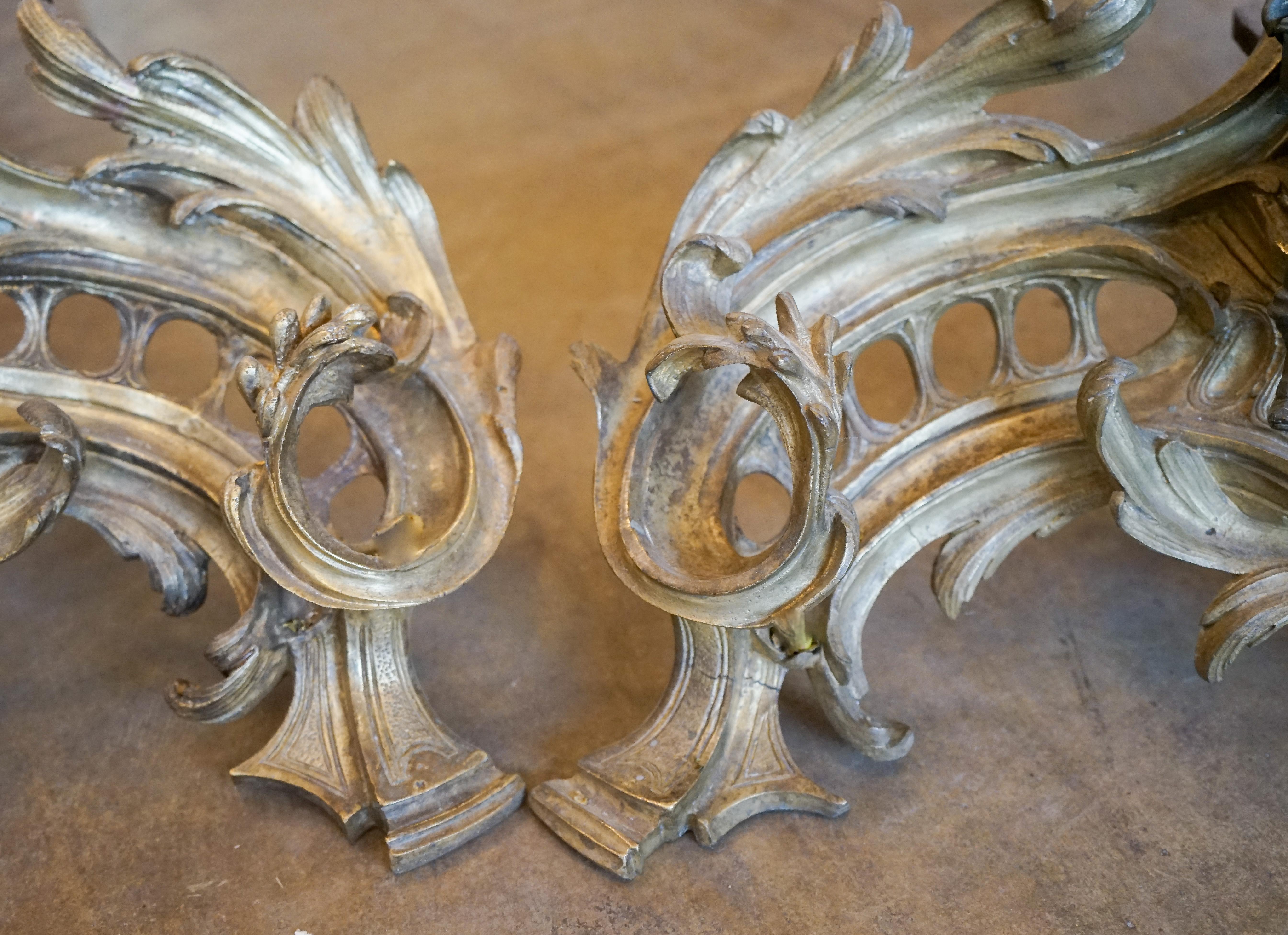 Brass Pair of Louis XV Style Chenets, circa 1850 For Sale