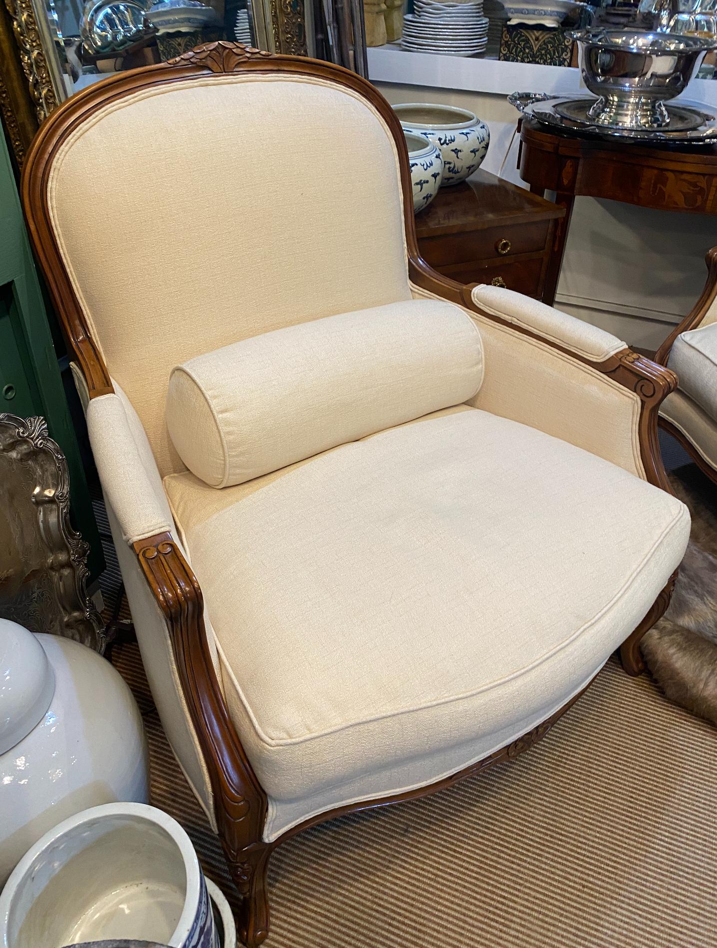 Unknown Pair of Louis XV Style Cherry Wood with Cream Upholstery Bergere Chairs