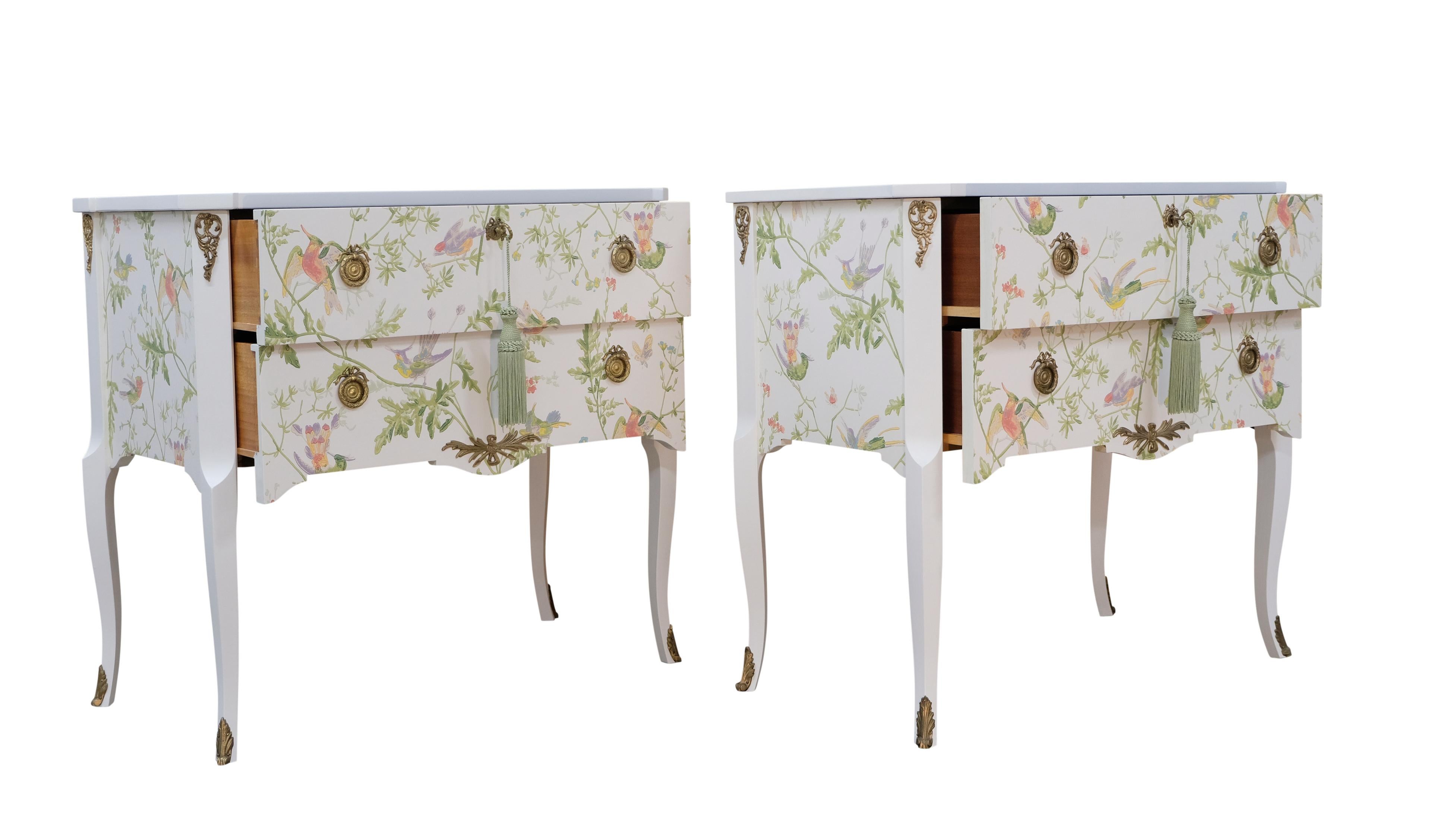 Gustavian Pair of Louis XV Style Chest with Floral Design and Marble Top For Sale