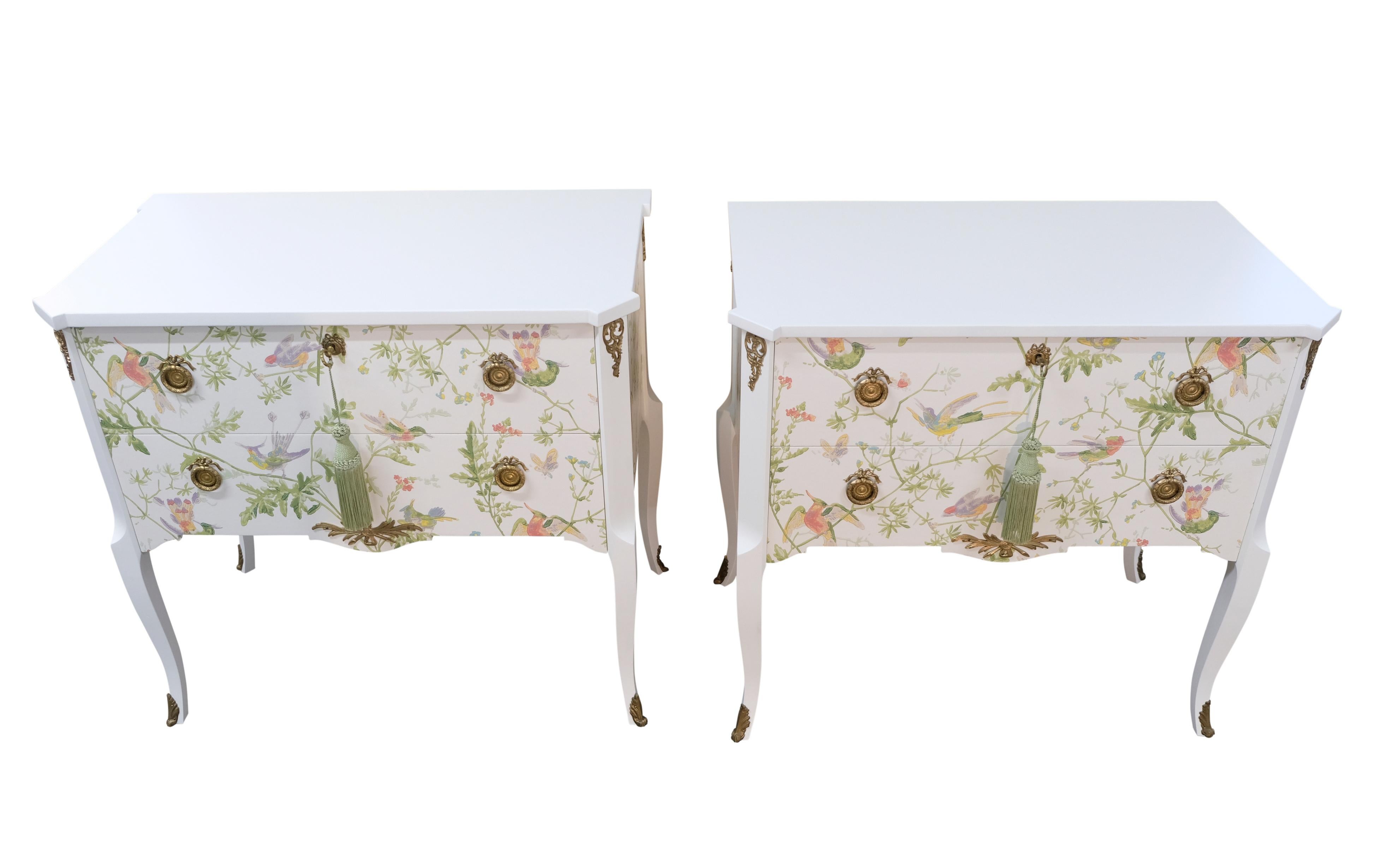 European Pair of Louis XV Style Chest with Floral Design and Marble Top For Sale