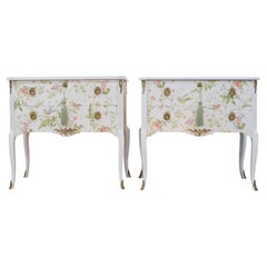 Used Pair of Louis XV Style Chest with Floral Design and Marble Top
