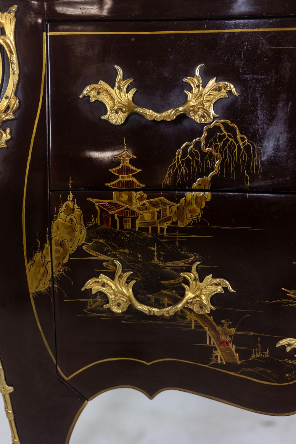 Pair of Louis XV style chests of drawers in lacquer and bronze. 1950s. For Sale 6