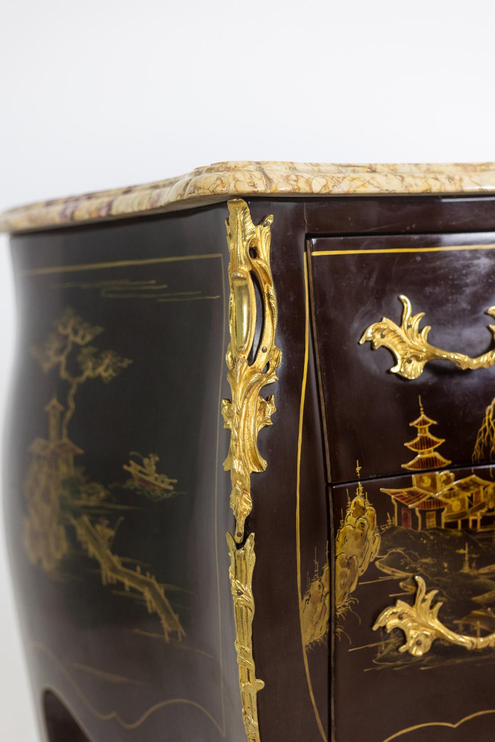 Pair of Louis XV style chests of drawers in lacquer and bronze. 1950s. For Sale 9