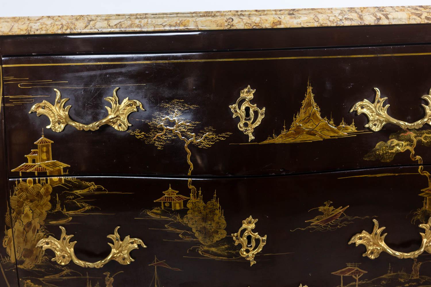 Pair of Louis XV style chests of drawers in lacquer and bronze. 1950s. For Sale 12