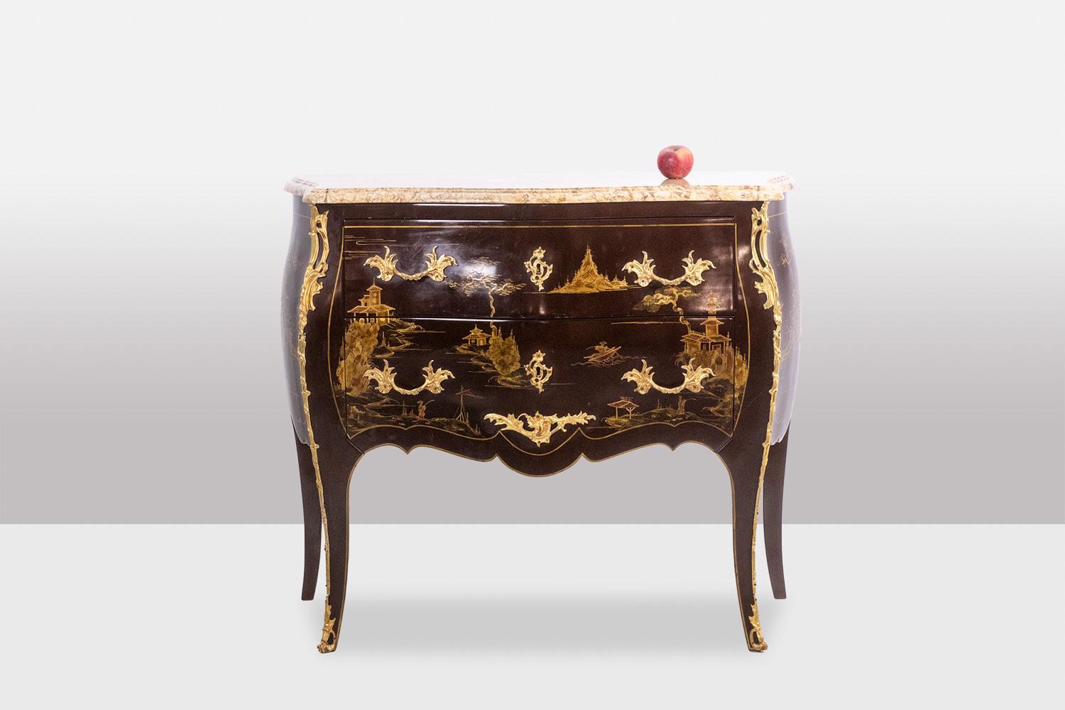 Marble Pair of Louis XV style chests of drawers in lacquer and bronze. 1950s. For Sale