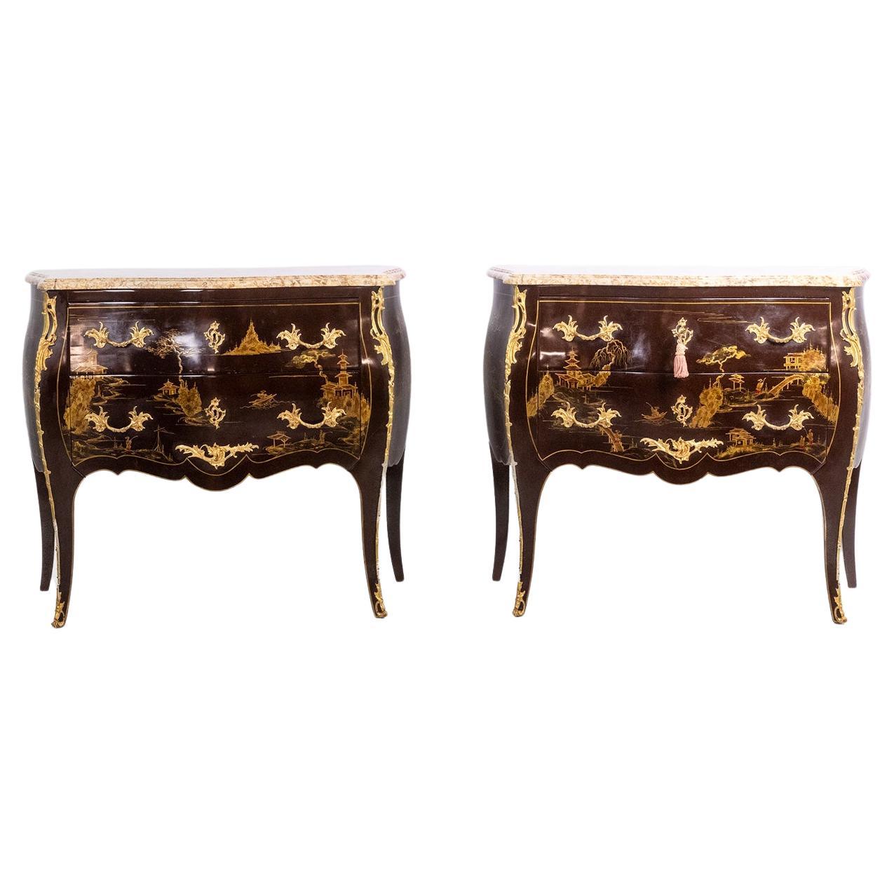 Pair of Louis XV style chests of drawers in lacquer and bronze. 1950s.