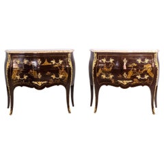 Vintage Pair of Louis XV style chests of drawers in lacquer and bronze. 1950s.