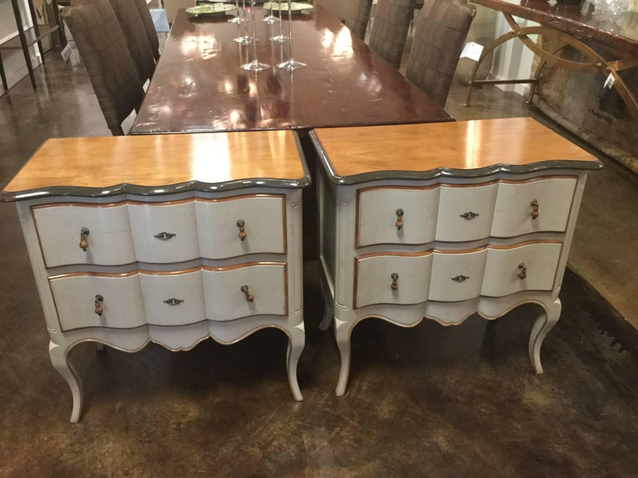Pair of Louis XV style serpentine shaped two-drawer chest with cherry wood and distressed Venetian blue gray finish.  Created by the artisans of Italy.