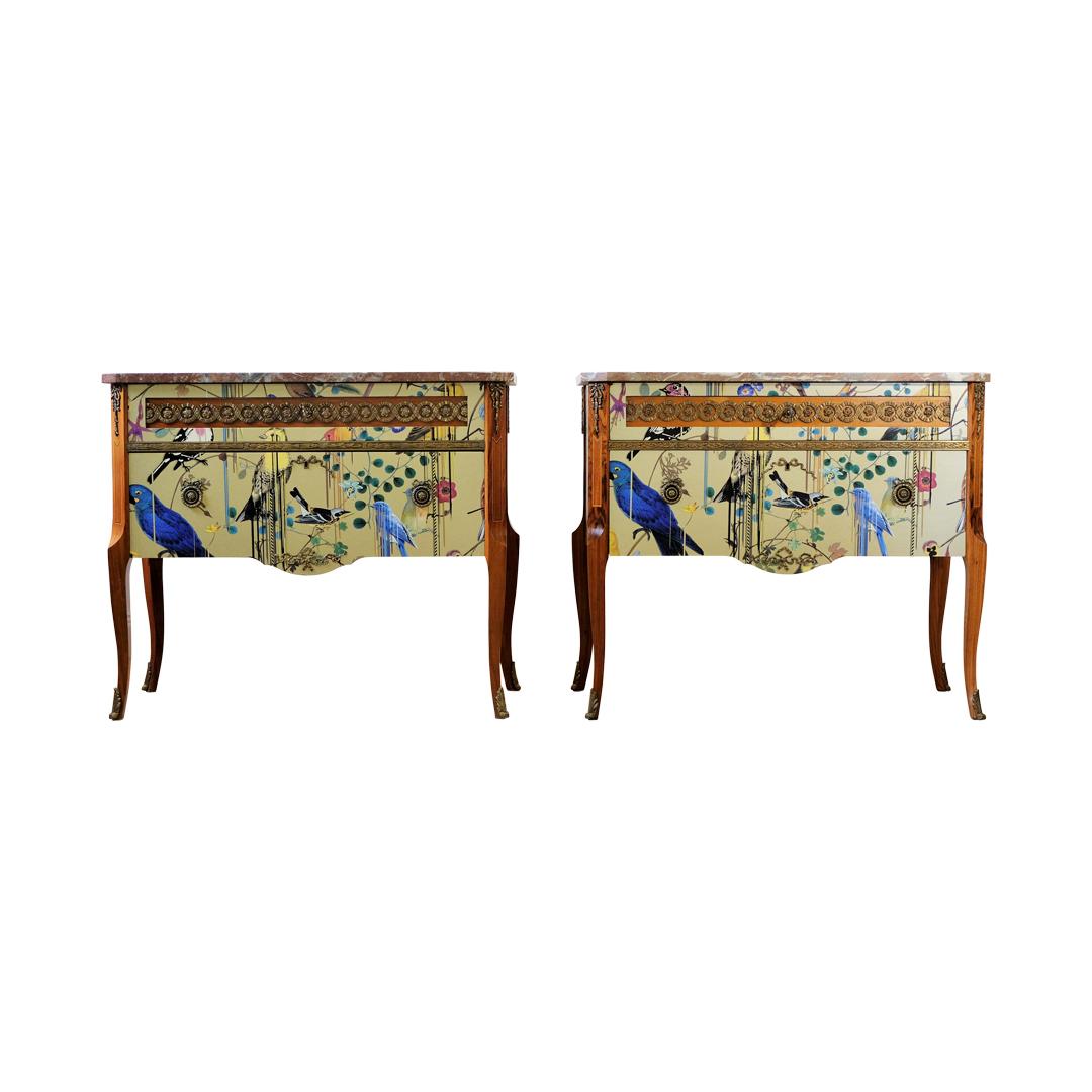 Pair of Louis XV Commodes with 2 drawers renovated to the highest standard with a redesigned pattern to the front and sides. 
Original brass fittings and original marble top.
Circa 1950's. 
Measures: Width: 87cm / 34.2