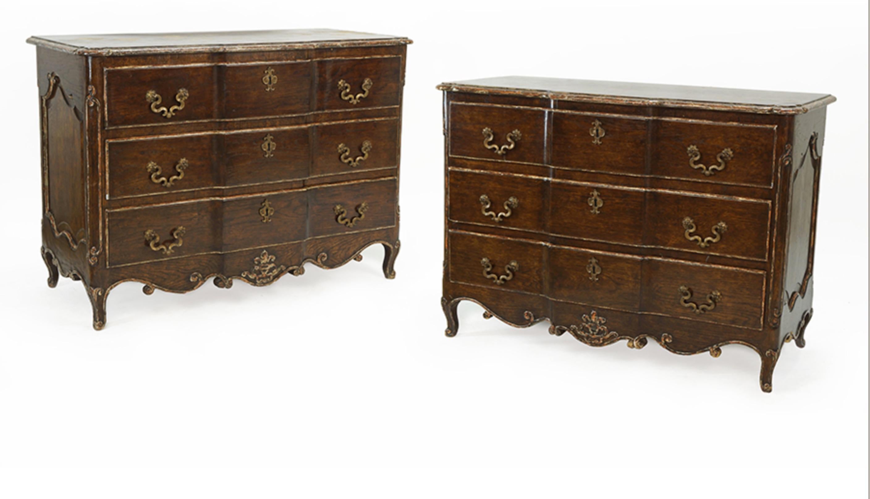 Oak Pair of Louis XV Style Commodes with Painted and Gilt Finish Bronze Hardware