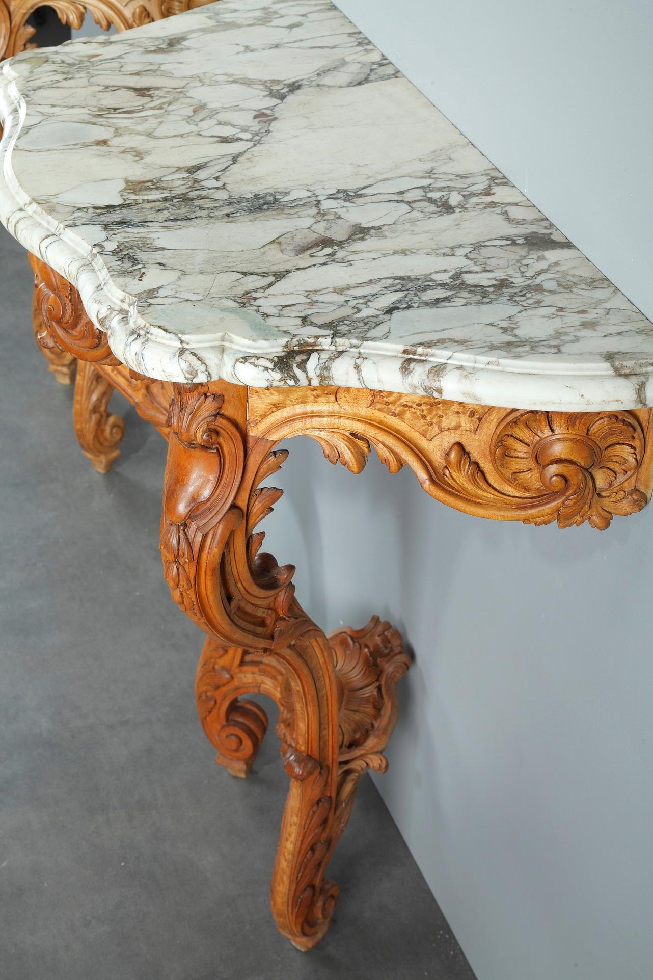 Pair of Louis XV-Style Console Tables with Marble Top For Sale 1