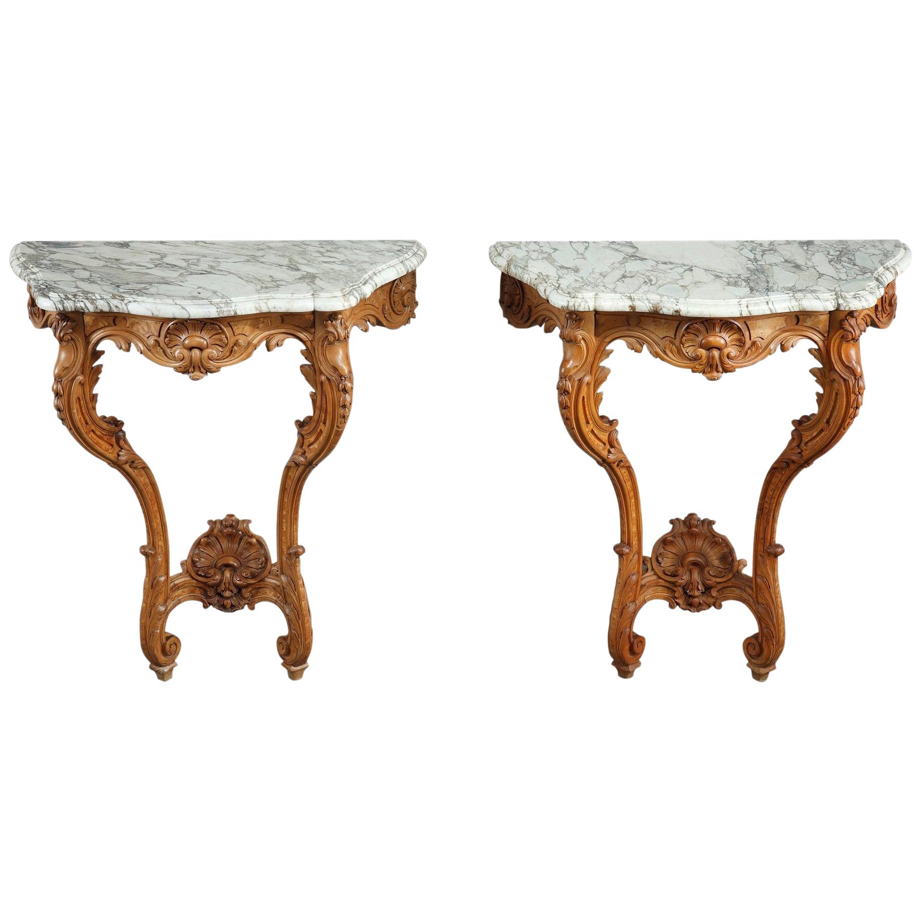 Pair of Louis XV-Style Console Tables with Marble Top For Sale