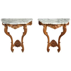 Pair of Louis XV-Style Console Tables with Marble Top