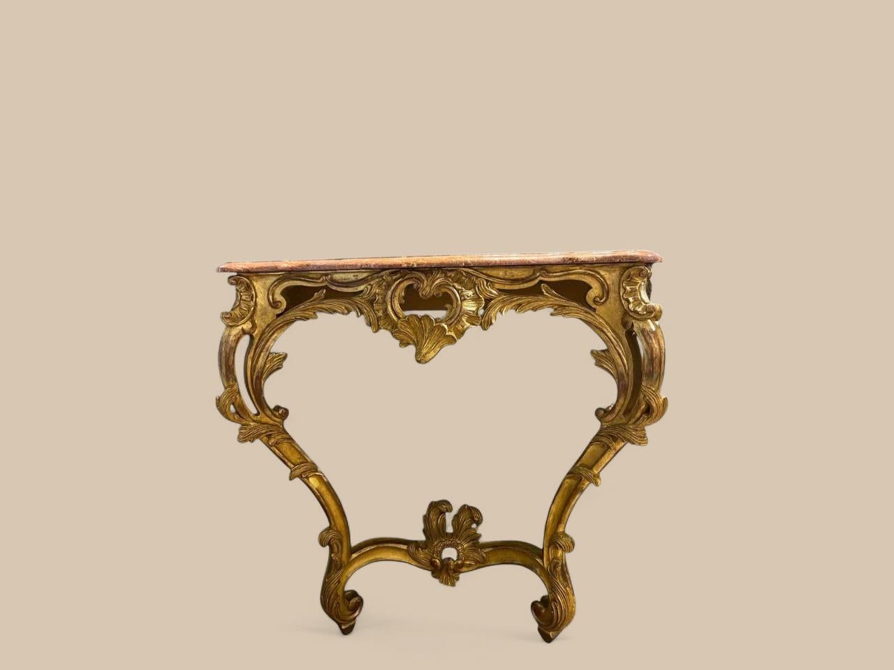 Coppia di console in stile Luigi XV, legno dorato e piani in marmo, XIX secolo in vendita 2