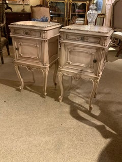 Pair of Louis XV Style Cream Painted Night Stands with Marble Tops 19th C.