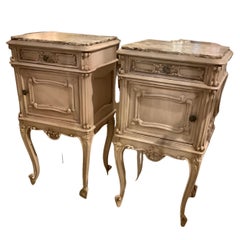 Pair of Louis XV Style Cream Painted Night Stands with Marble Tops 19th C.
