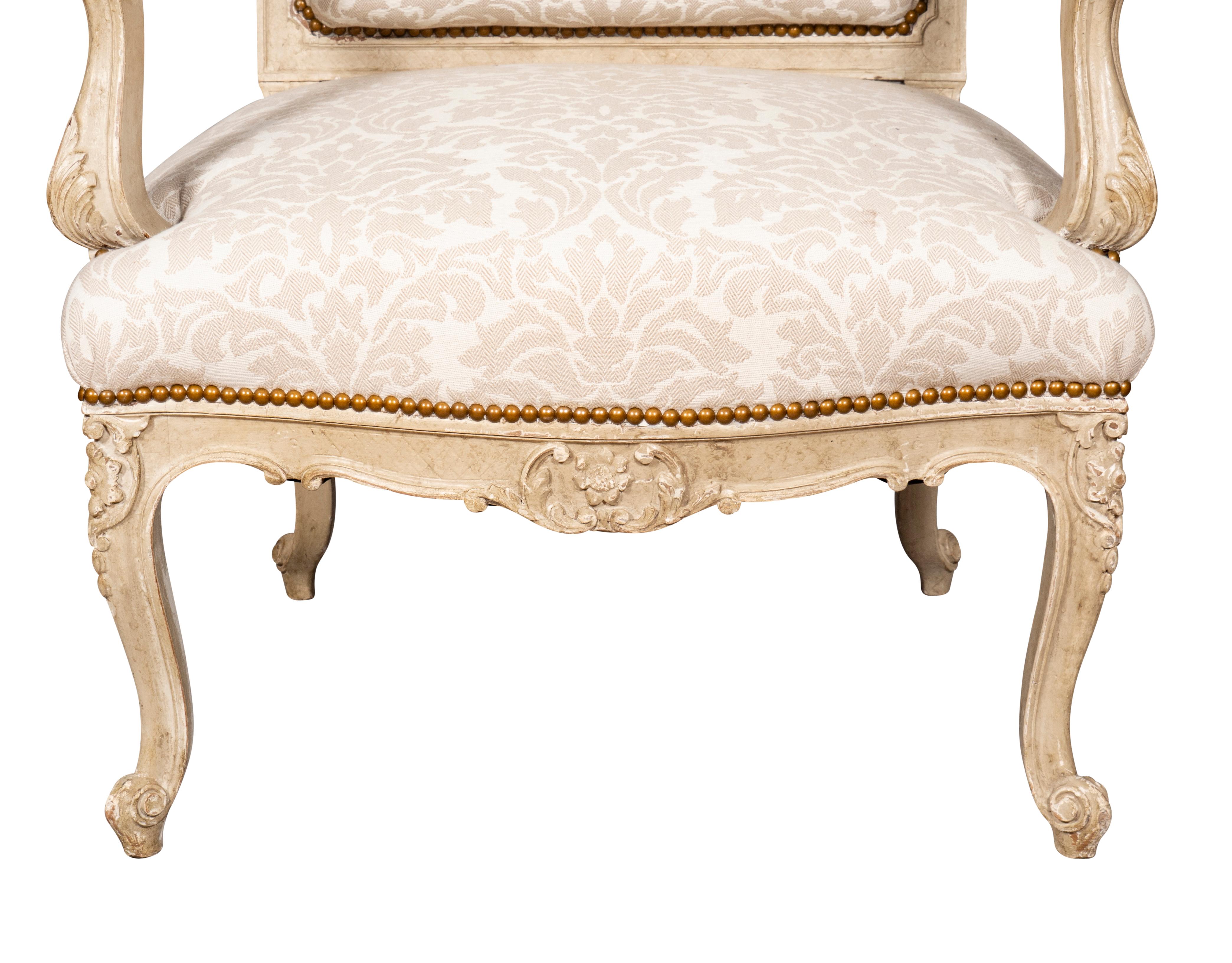 Pair of Louis XV Style Creme Painted Armchairs For Sale 5
