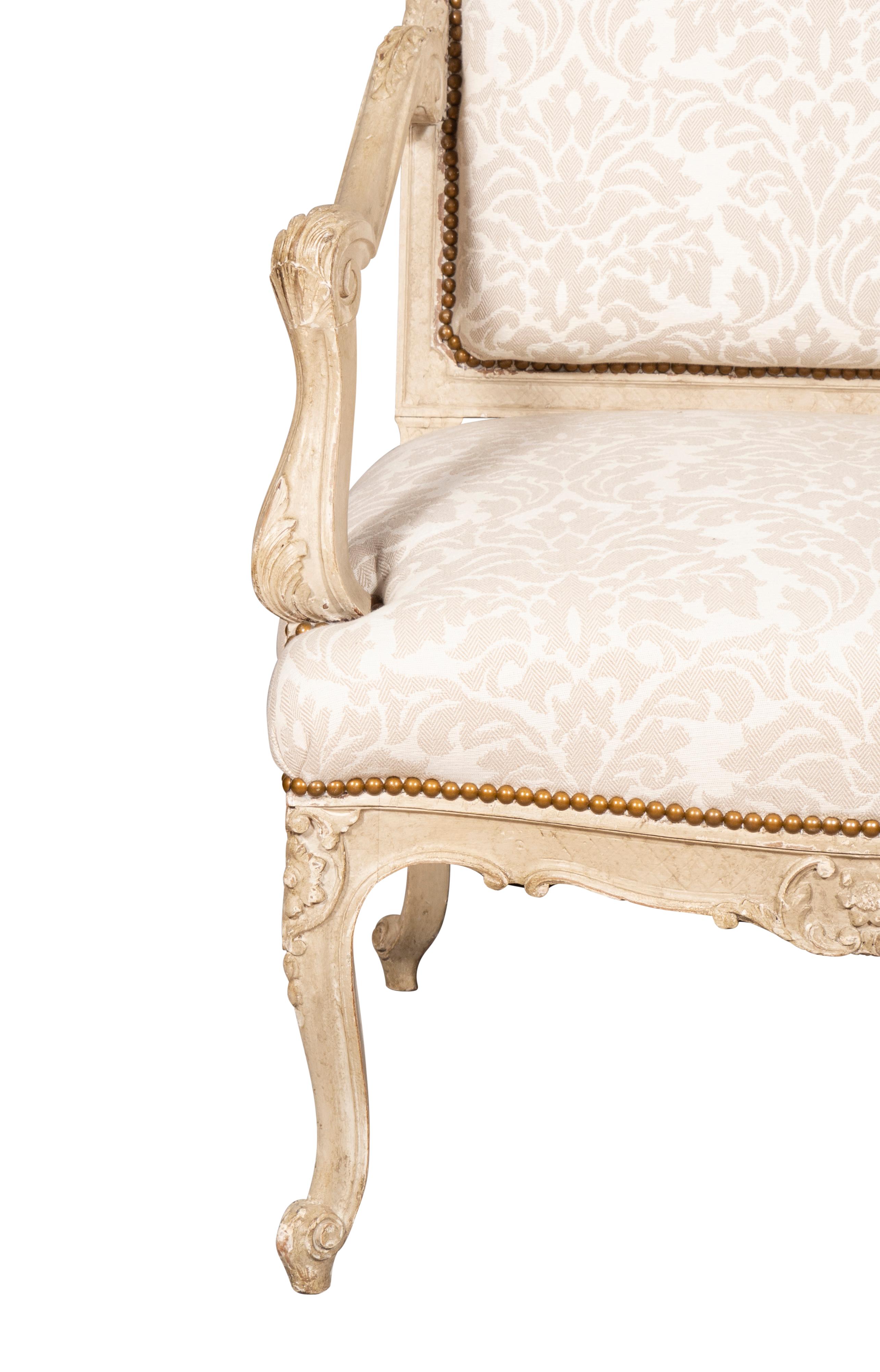 Pair of Louis XV Style Creme Painted Armchairs For Sale 7