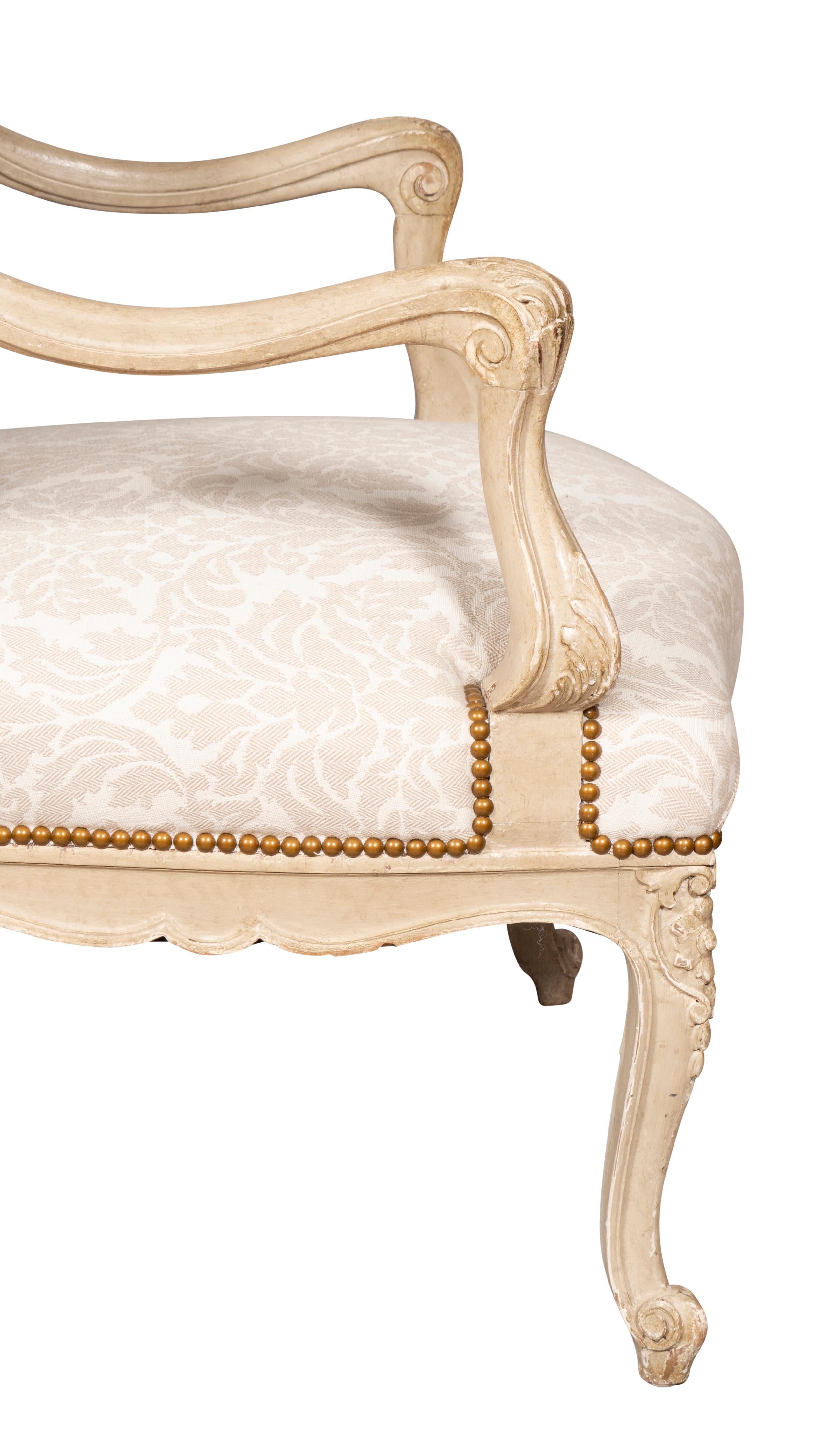 Pair of Louis XV Style Creme Painted Armchairs For Sale 11