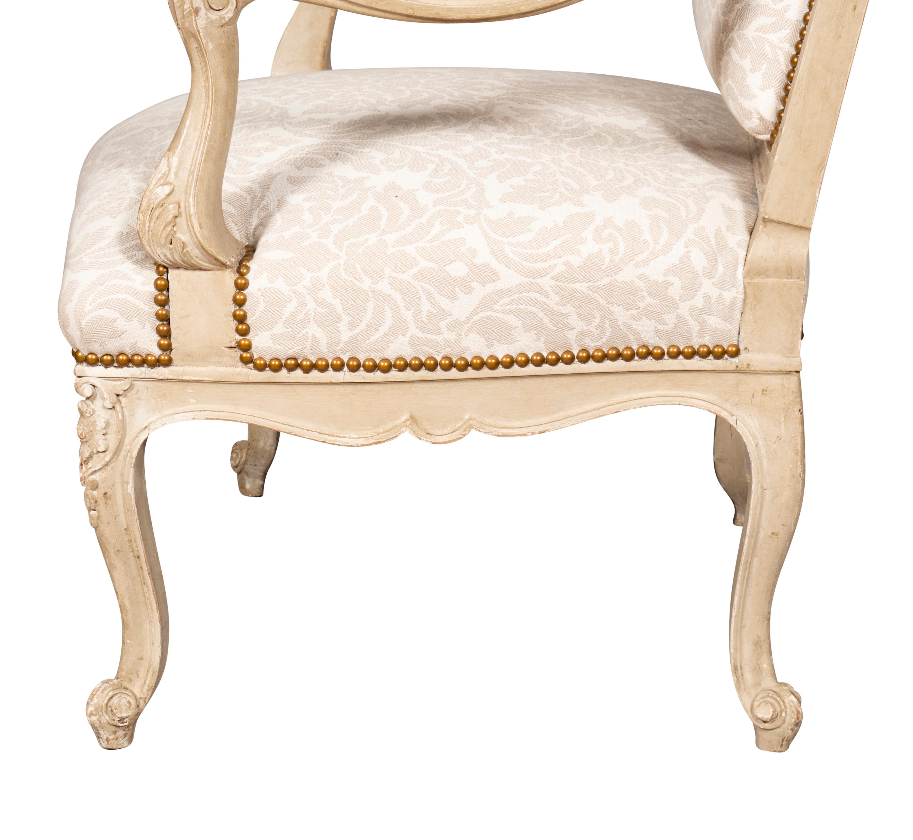 Pair of Louis XV Style Creme Painted Armchairs For Sale 13