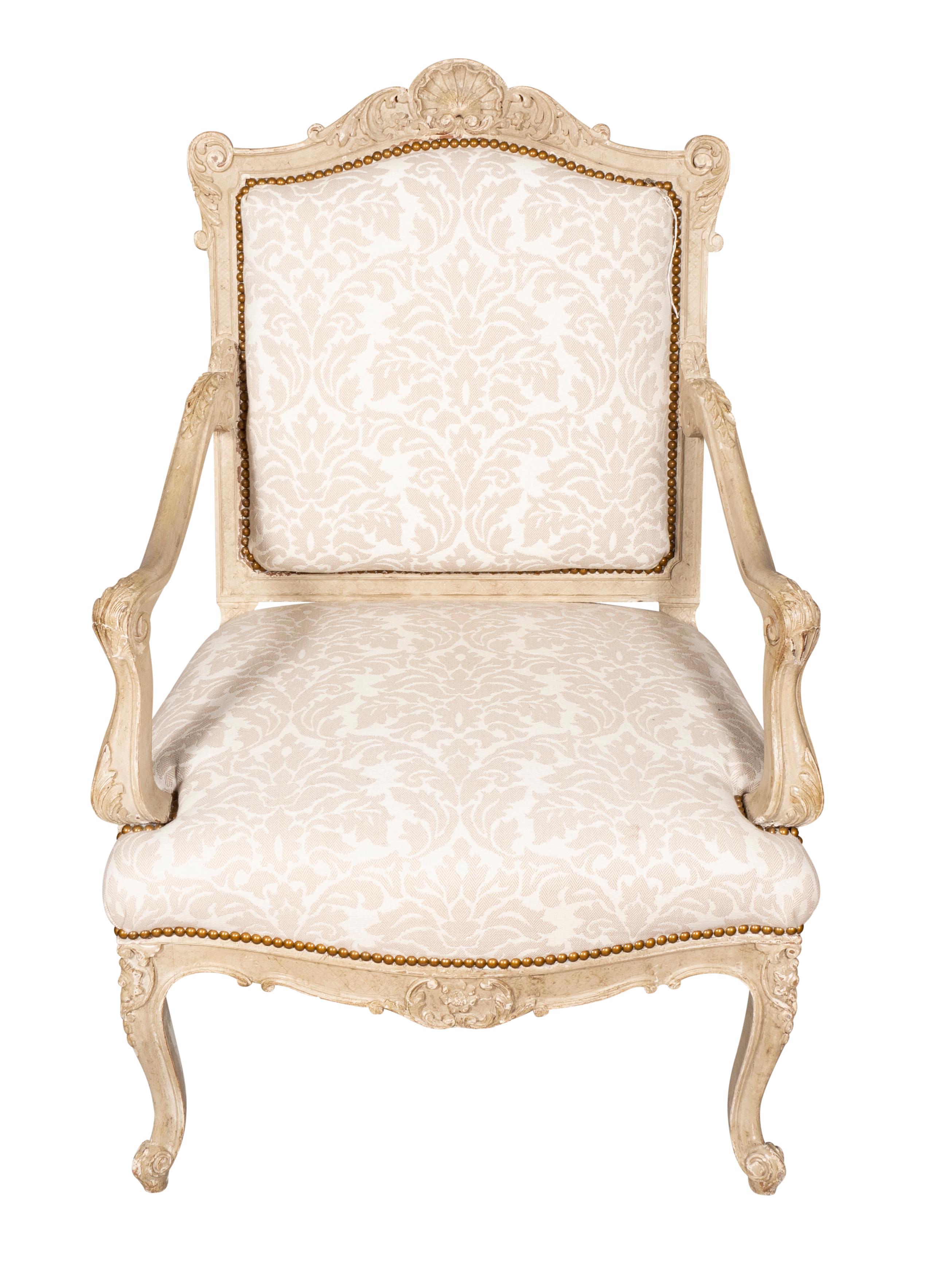French Pair of Louis XV Style Creme Painted Armchairs For Sale