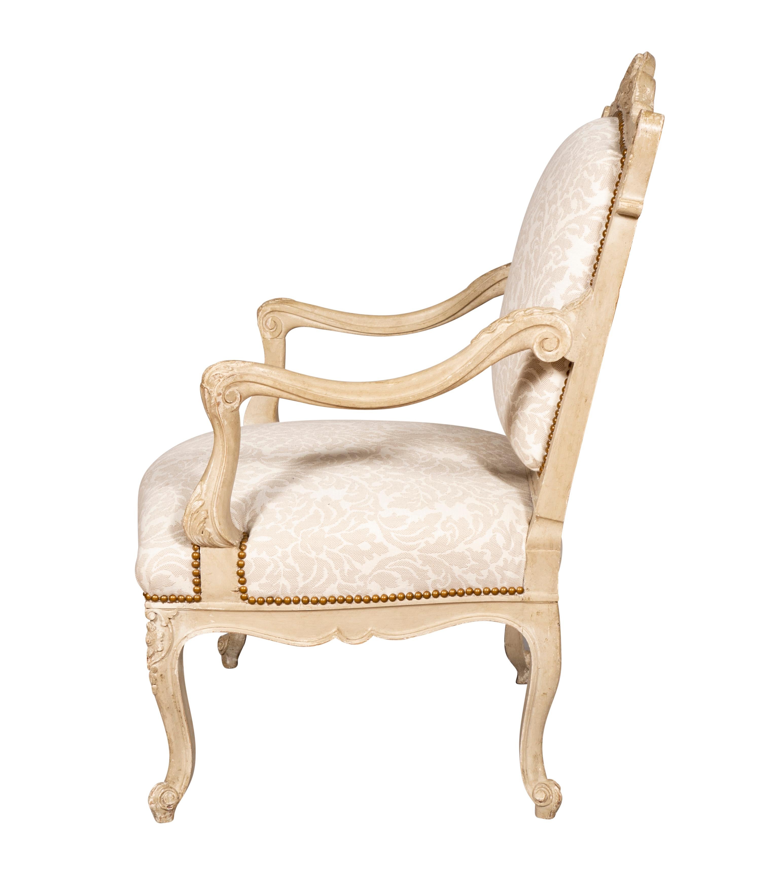 Pair of Louis XV Style Creme Painted Armchairs For Sale 2