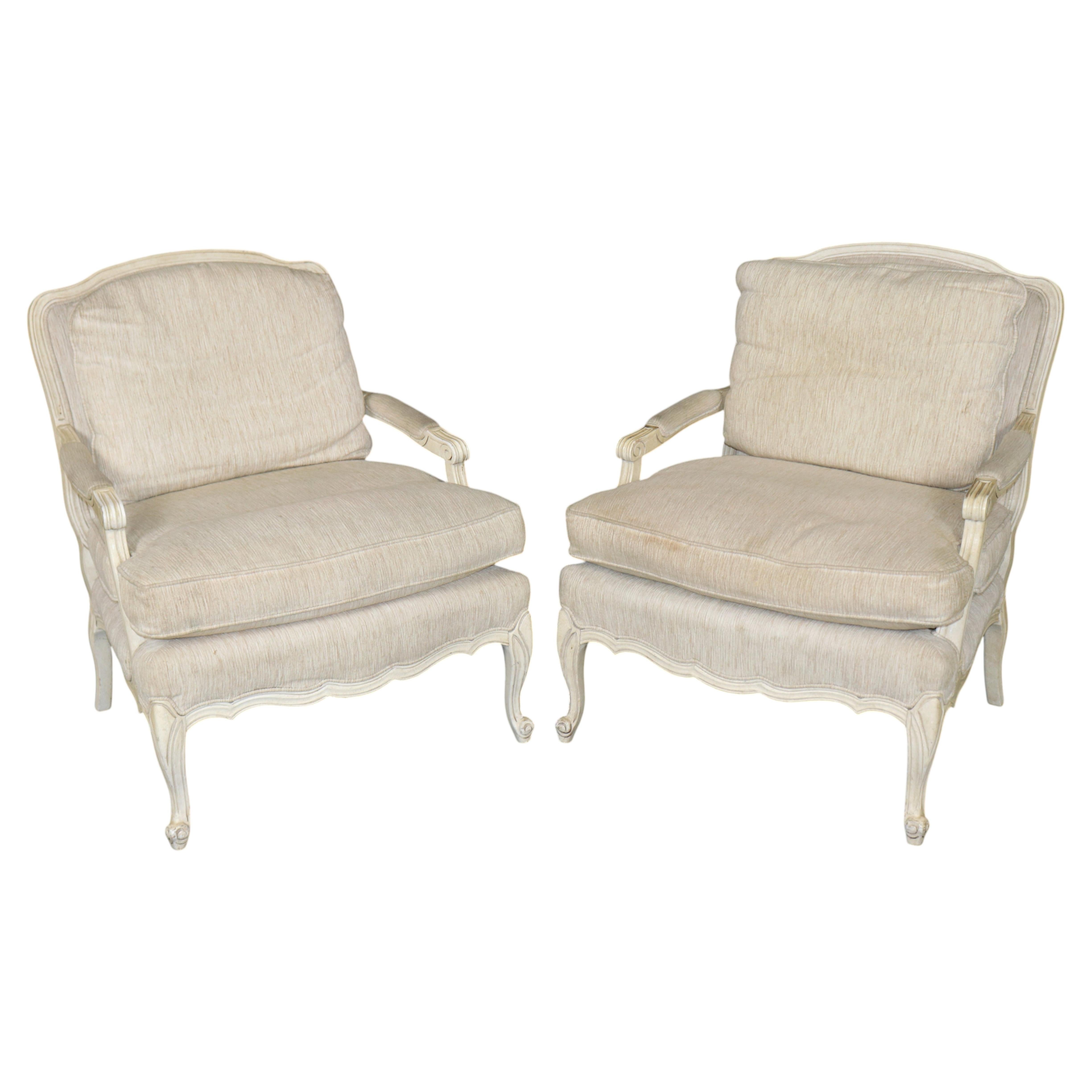 Pair of Louis XV Style Distressed Paint Decorated Arm Chairs