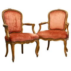 Pair of Louis XV Style Early 19th C. Carved and Upholstered Fruitwood Armchairs Pair of Louis XV Style Early 19th C. Carved and Upholstered Fruitwood Armchairs