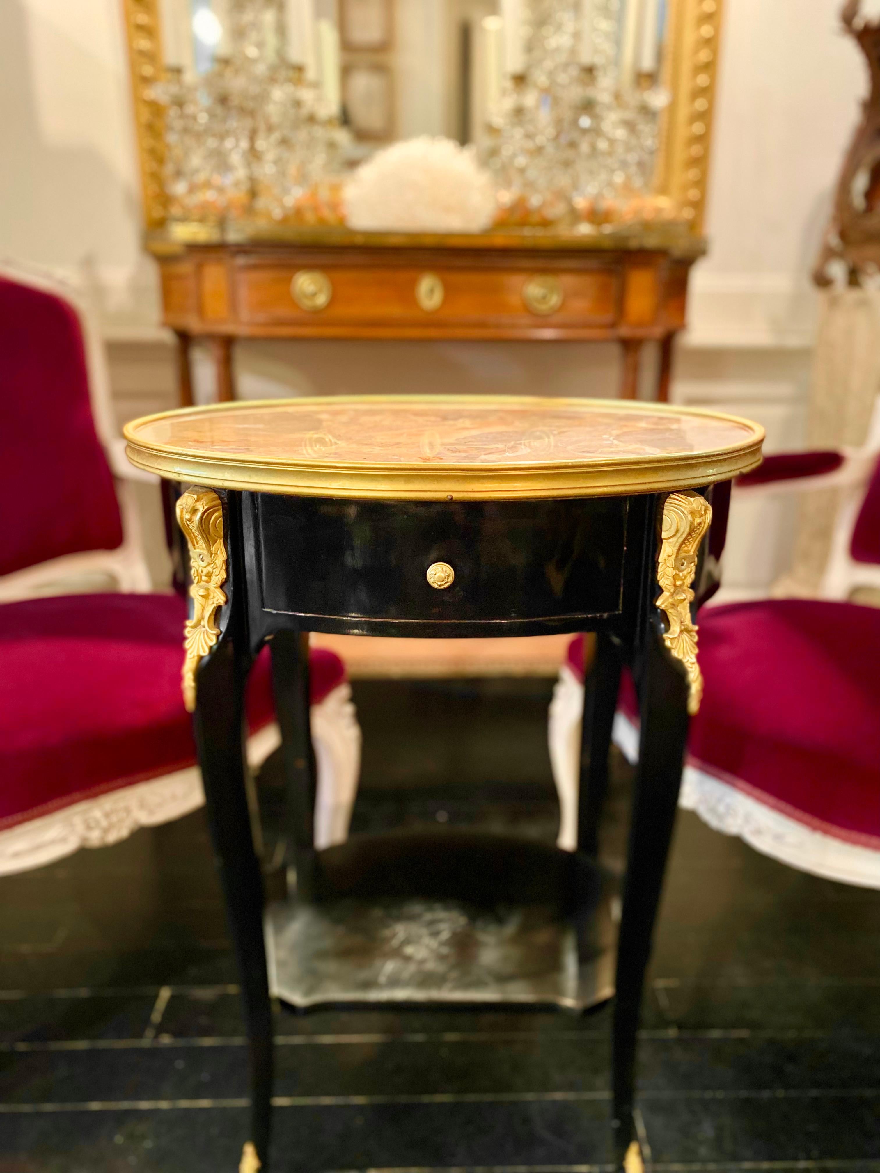 Pair of Louis XV Style Ebonized Side Tables with Marble Tops and Ormulu Mounts For Sale 4