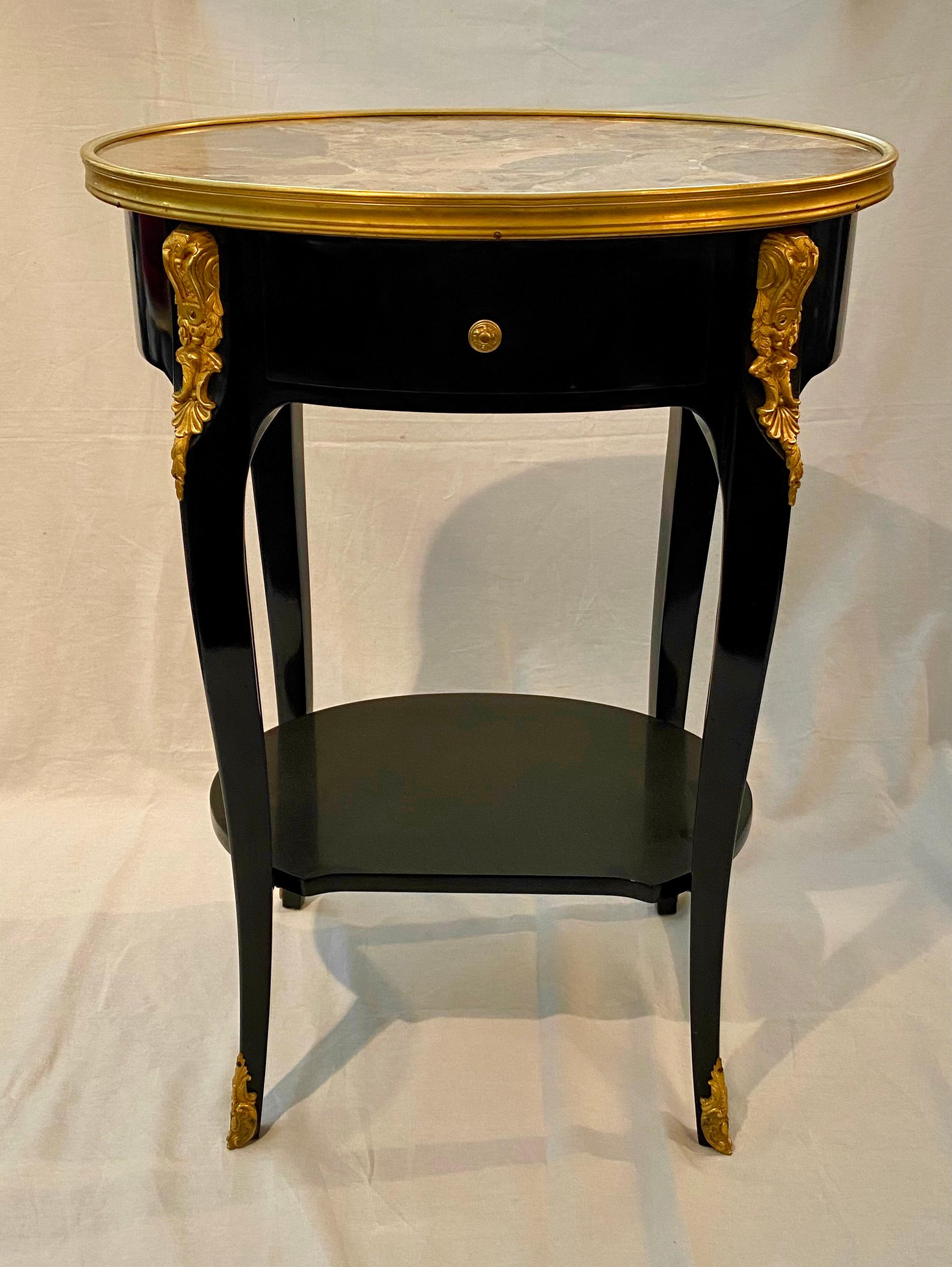 French Pair of Louis XV Style Ebonized Side Tables with Marble Tops and Ormulu Mounts For Sale