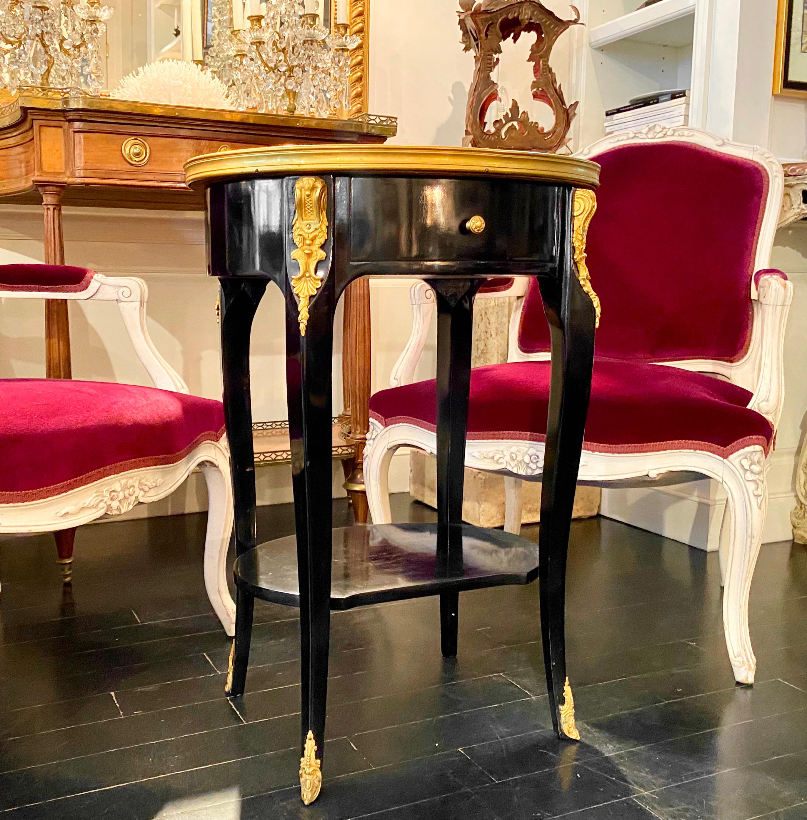 Pair of Louis XV Style Ebonized Side Tables with Marble Tops and Ormulu Mounts For Sale 1