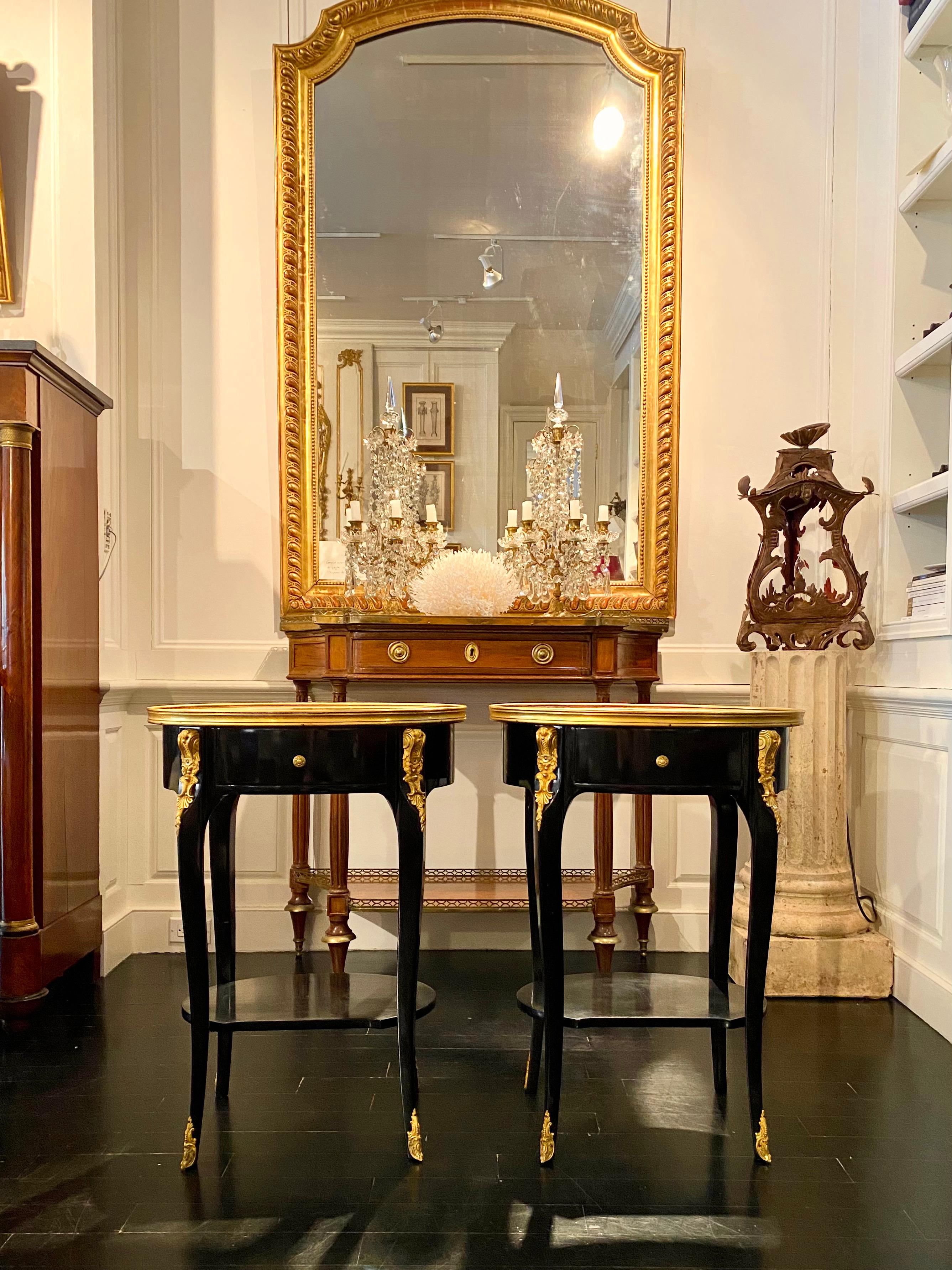 Pair of Louis XV Style Ebonized Side Tables with Marble Tops and Ormulu Mounts For Sale 11