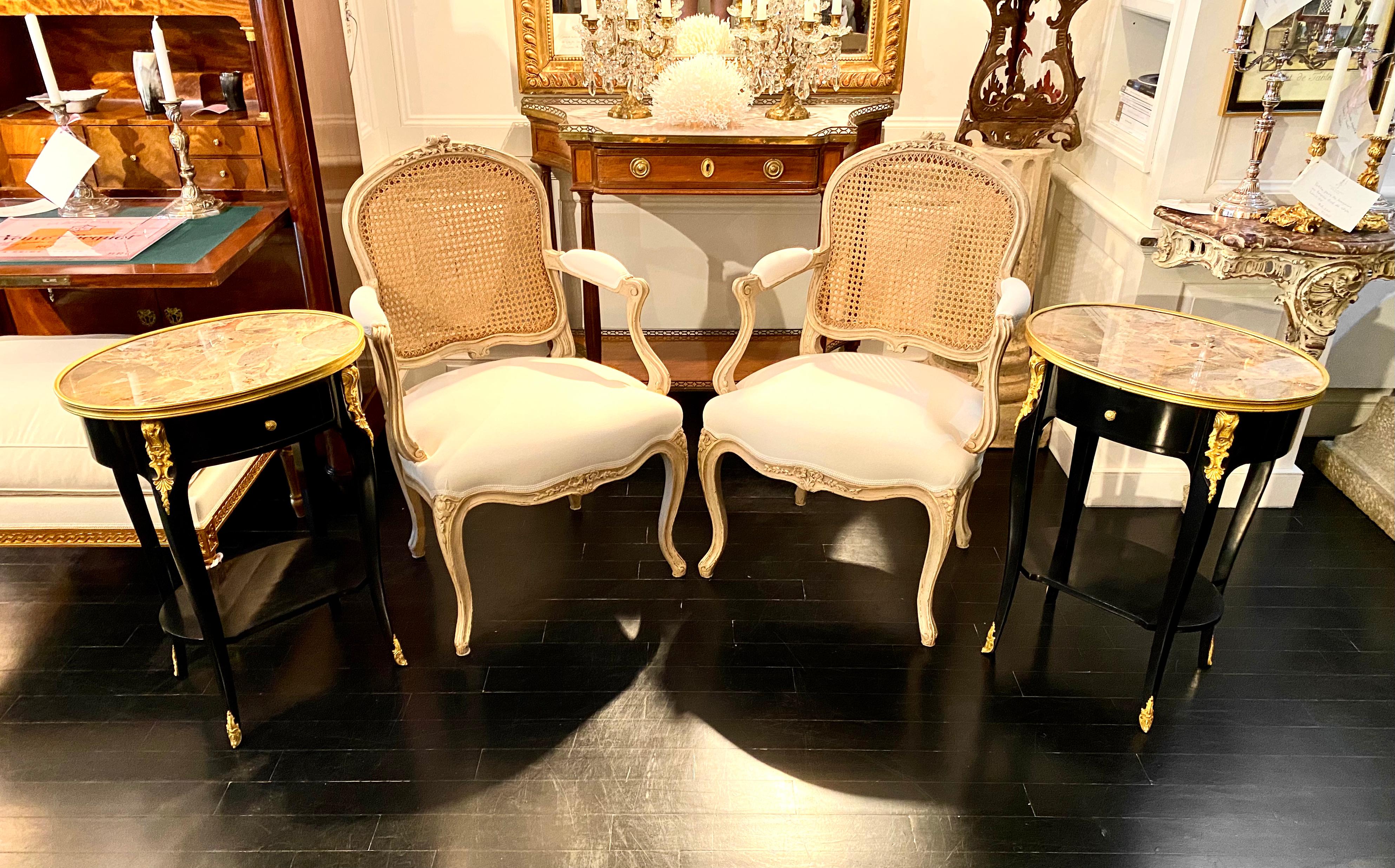 Pair of Louis XV Style Ebonized Side Tables with Marble Tops and Ormulu Mounts For Sale 14