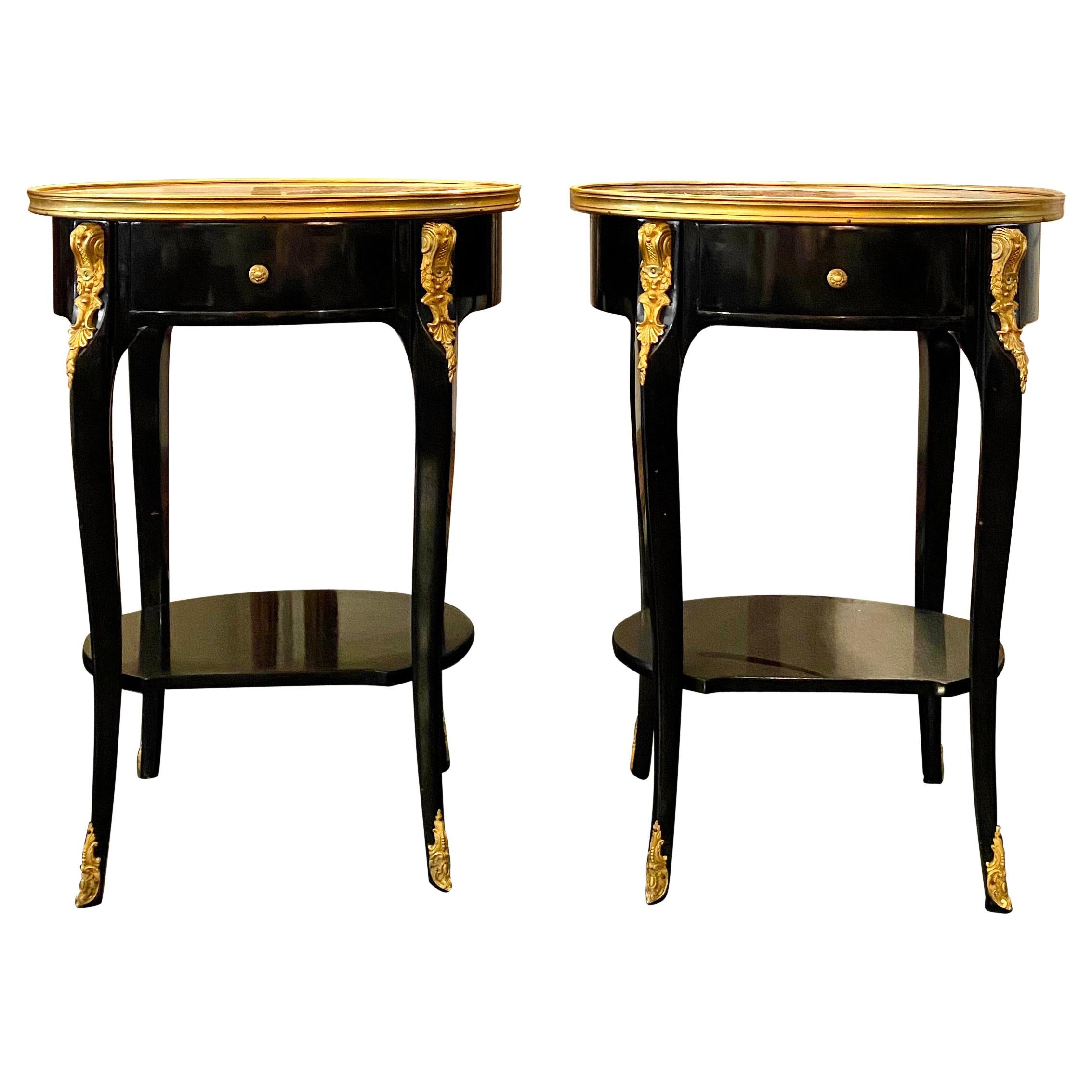 Pair of Louis XV Style Ebonized Side Tables with Marble Tops and Ormulu Mounts