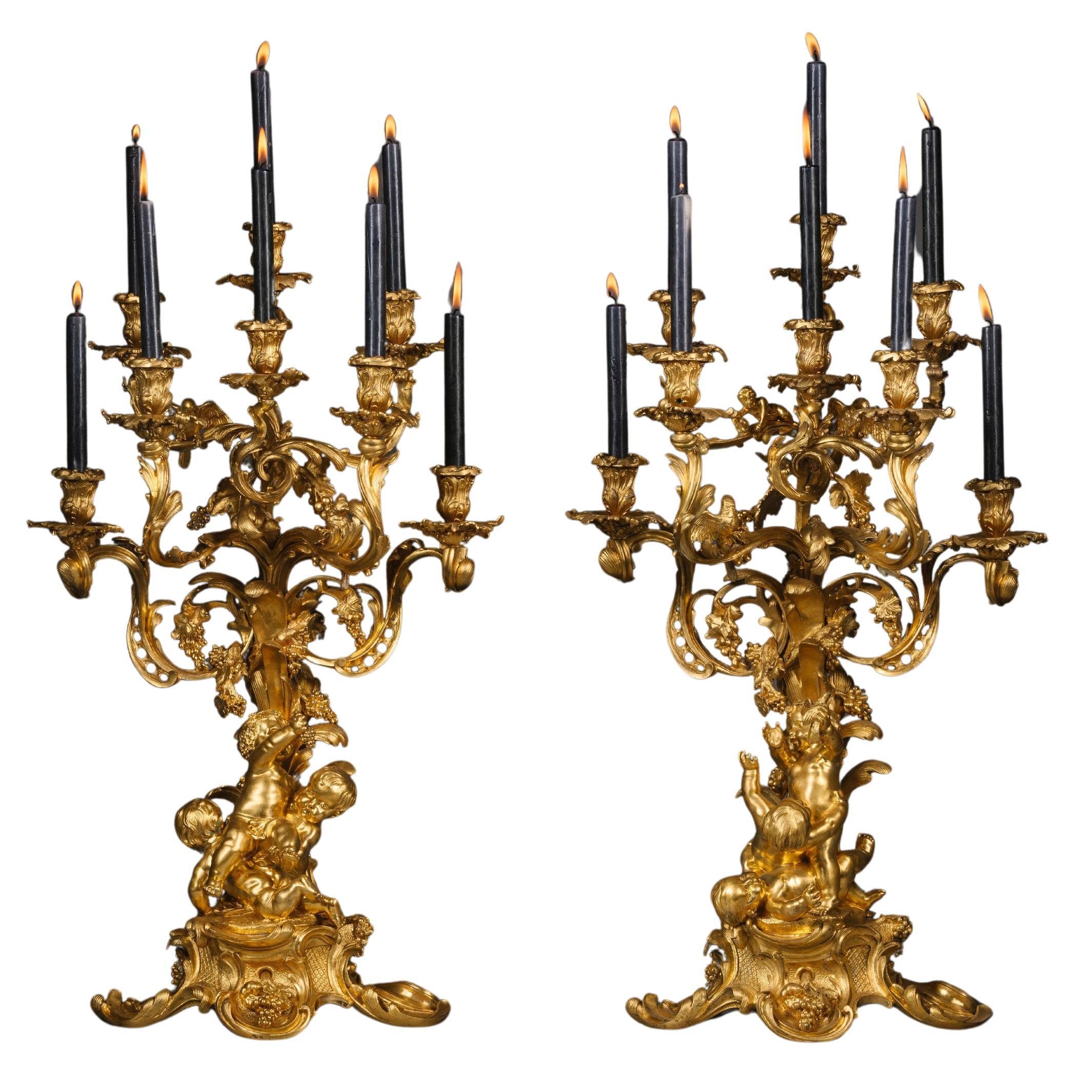 Pair of Louis XV Style Eight-Light Candelabra, Attributed to Victor Paillard For Sale