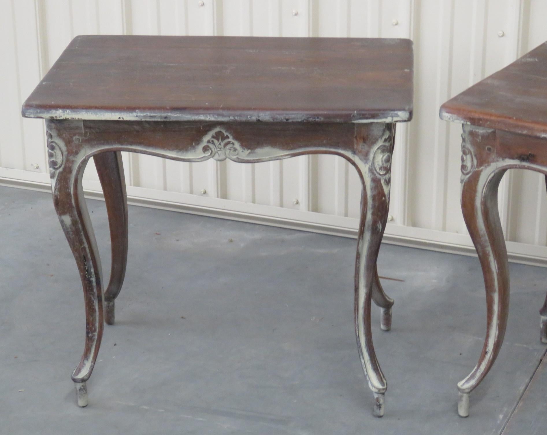 Pair of Louis XV style distressed painted end tables.