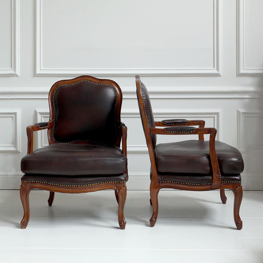 Leather Pair of Louis XV Style Fauteuils For Sale