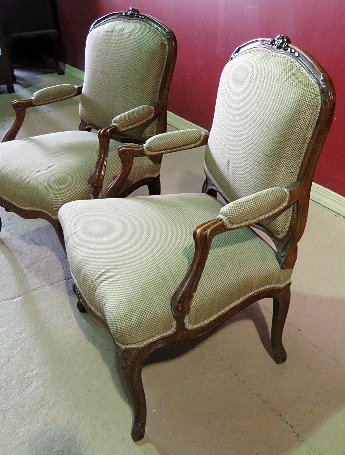 Pair of Carved Walnut Louis XV Style Fauteuils Armchairs 1