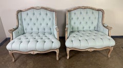 Louis XV Style Bergère Chairs, Carved Wood, Pale Blue Linen, France