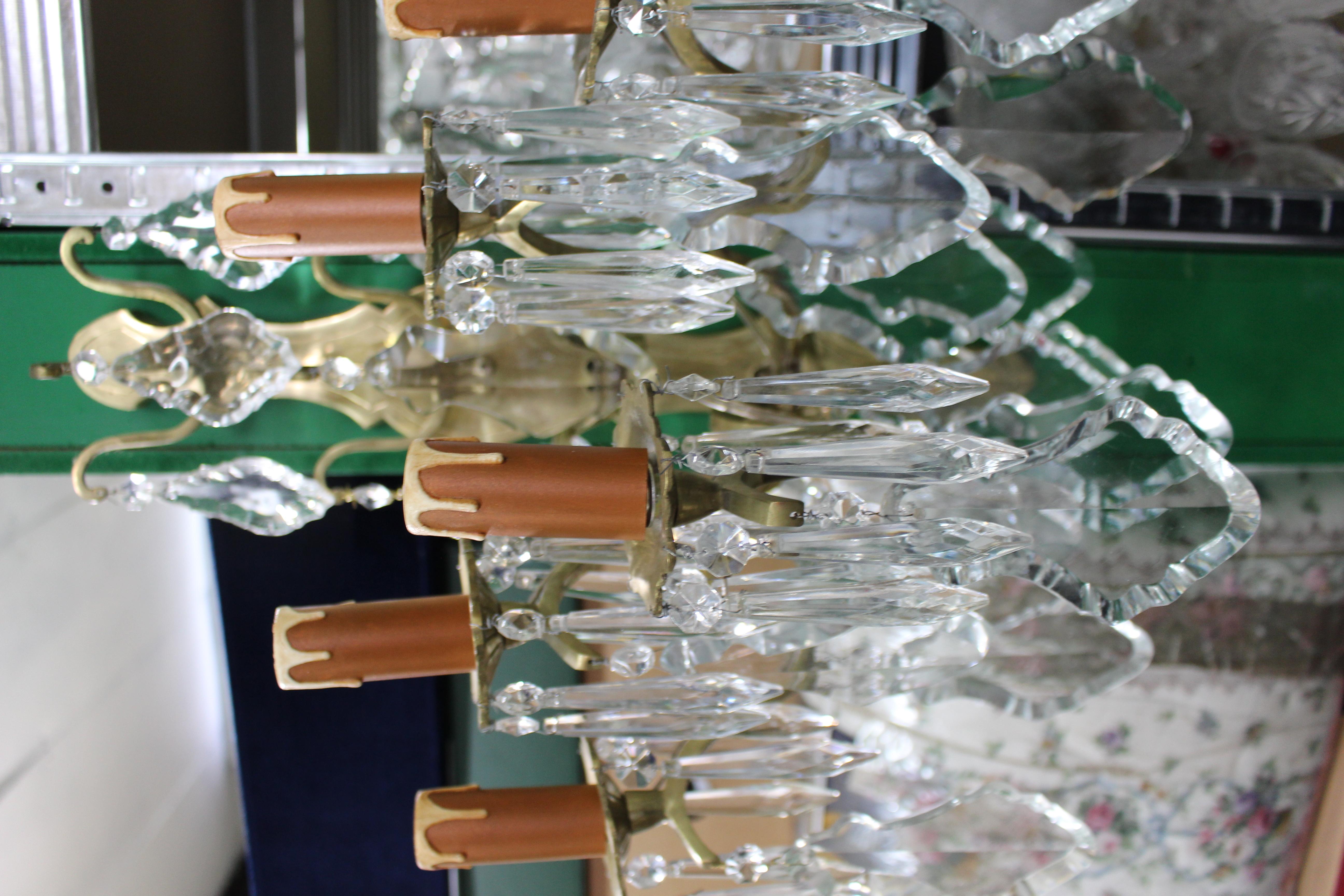 Pair of Louis XV Style French Brass and Fine Cut Crystal Wall Lights In Good Condition For Sale In Worcester, GB
