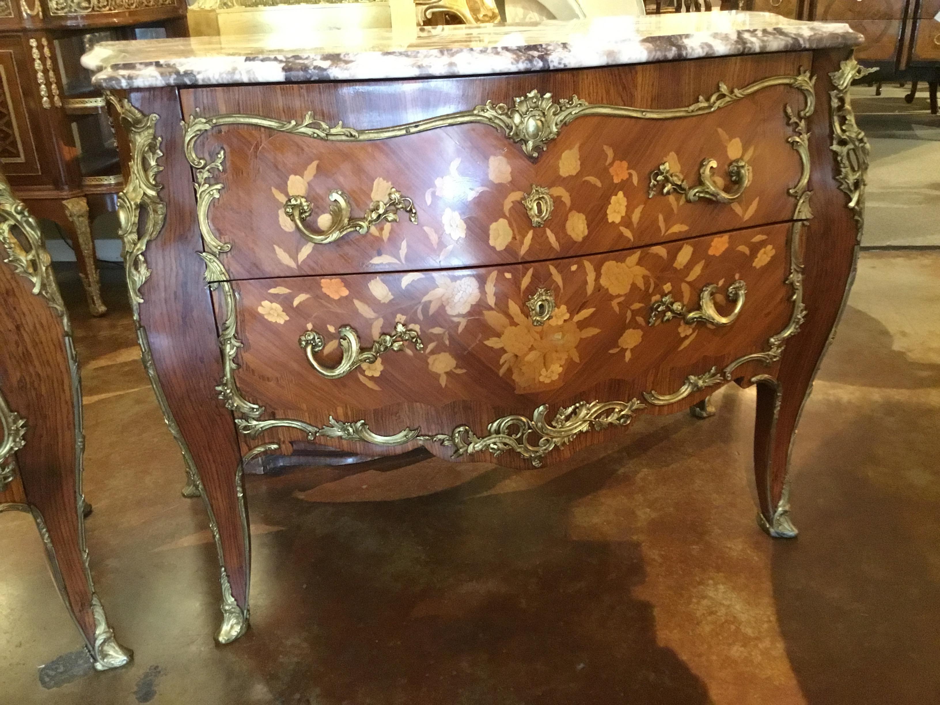 Marquetry Pair of Louis XV Style French Cabinets/Commodes of Bombe Form, Marble Top For Sale