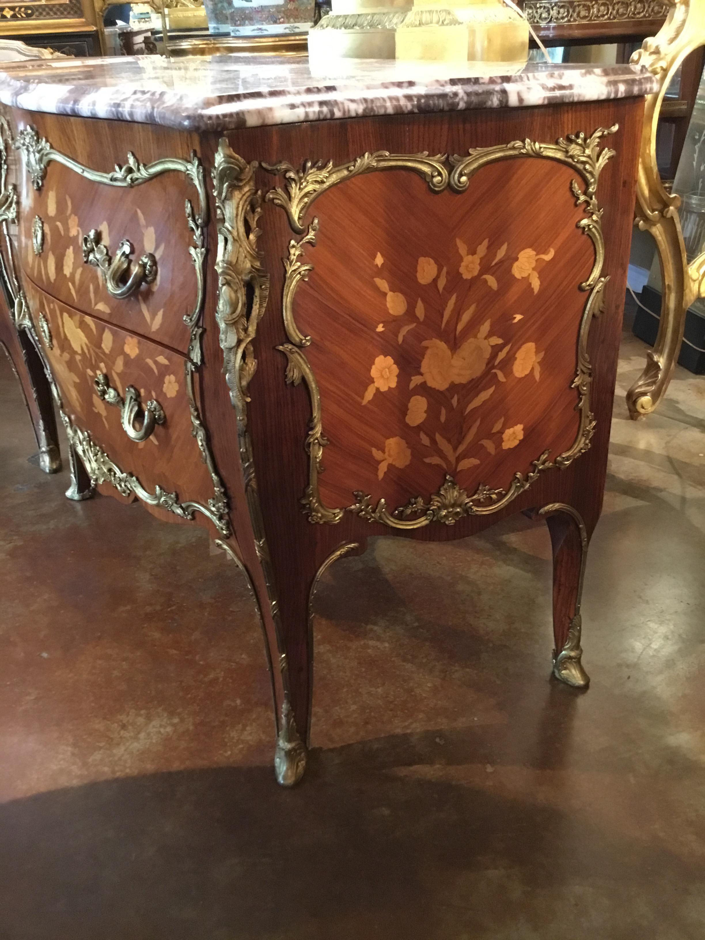 19th Century Pair of Louis XV Style French Cabinets/Commodes of Bombe Form, Marble Top For Sale
