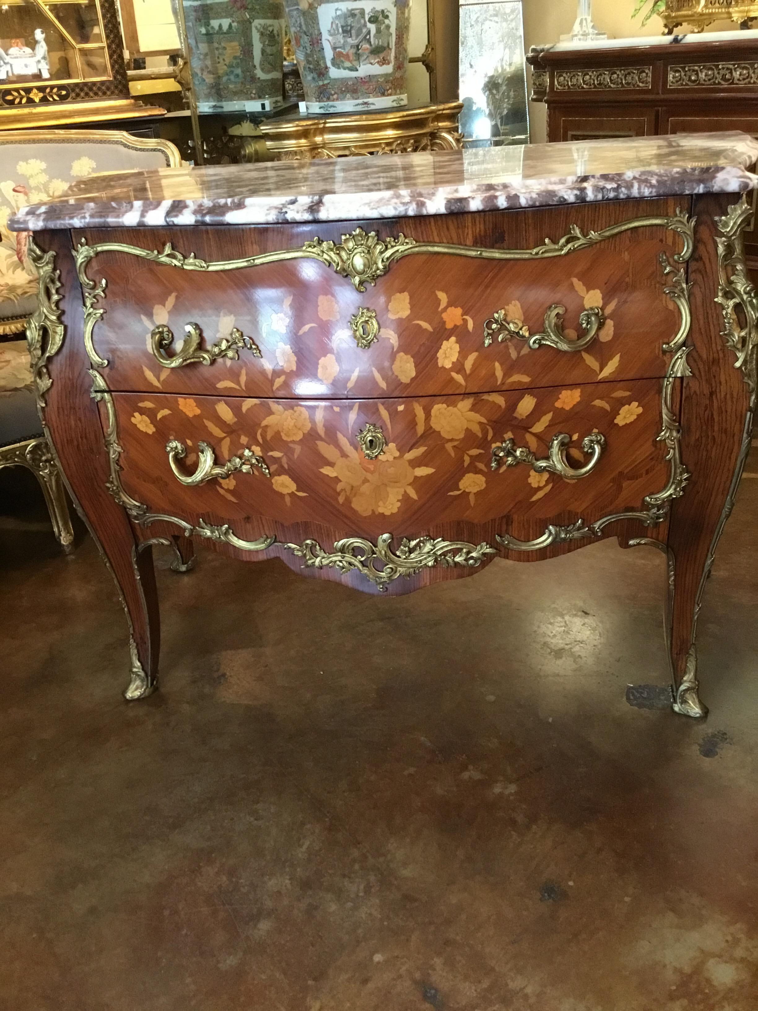 Pair of Louis XV Style French Cabinets/Commodes of Bombe Form, Marble Top For Sale 1