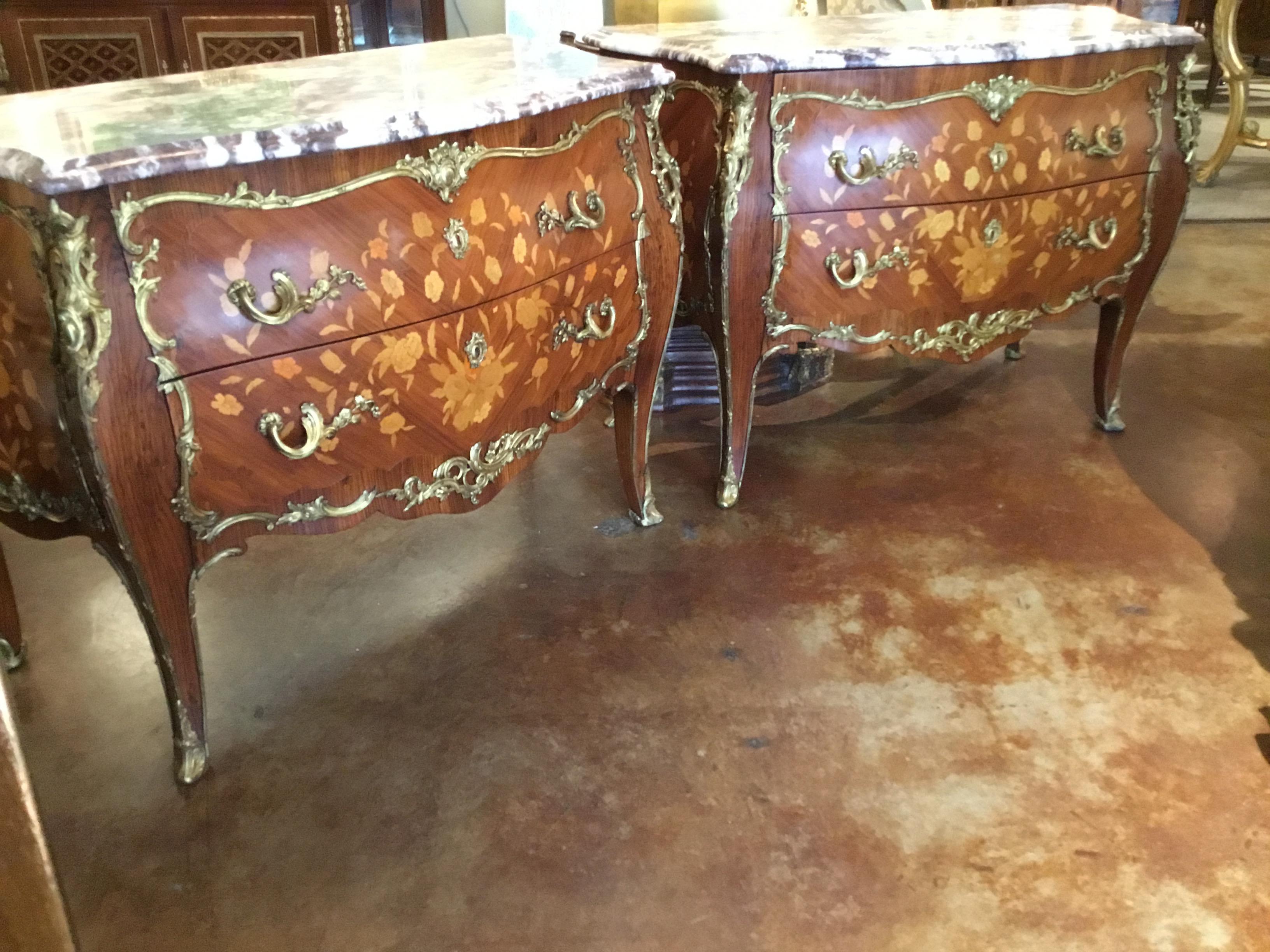 Pair of Louis XV Style French Cabinets/Commodes of Bombe Form, Marble Top For Sale 3