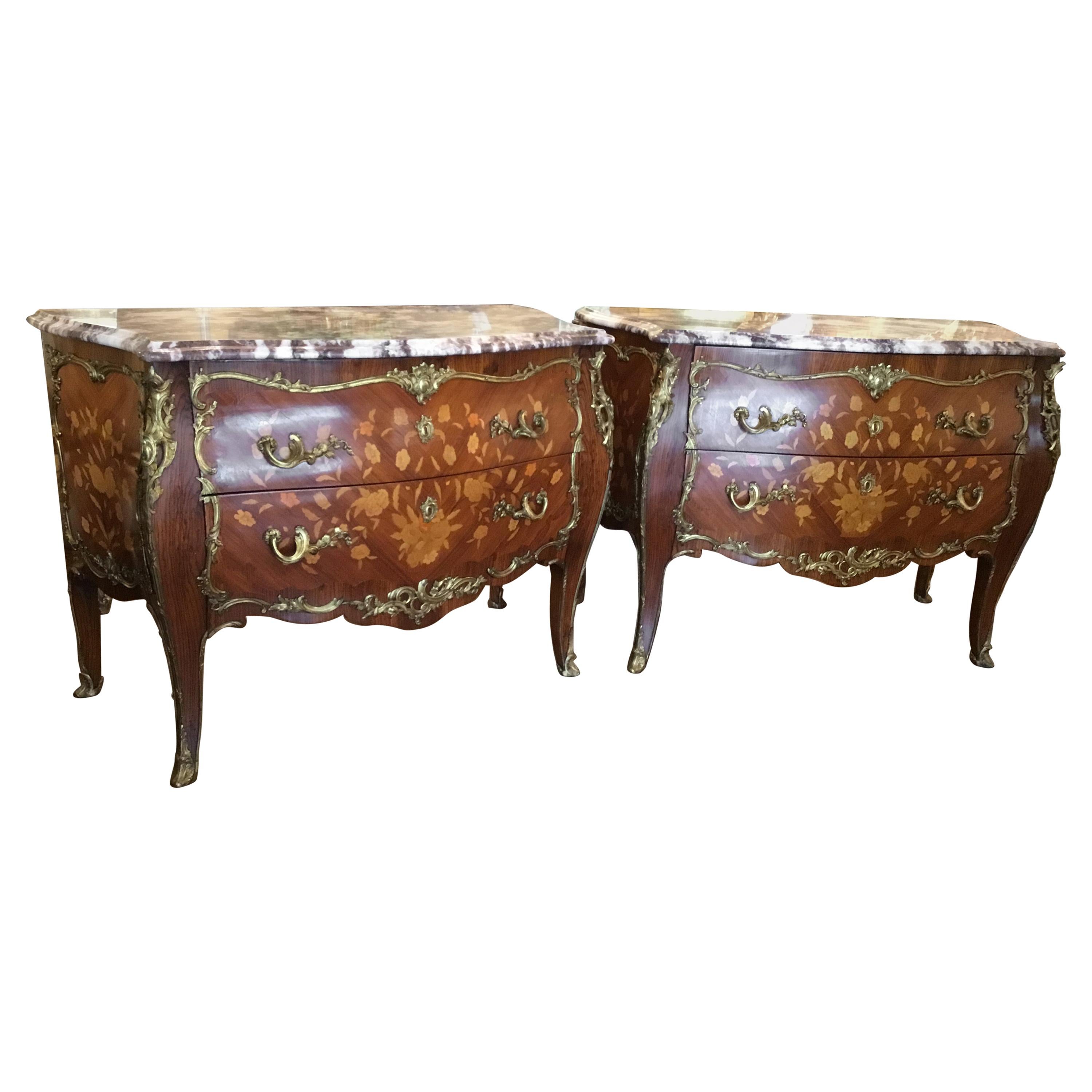 Pair of Louis XV Style French Cabinets/Commodes of Bombe Form, Marble Top