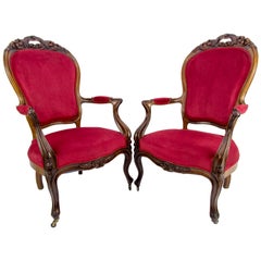 Pair of Louis XV Style French Fauteuil Walnut Armchairs