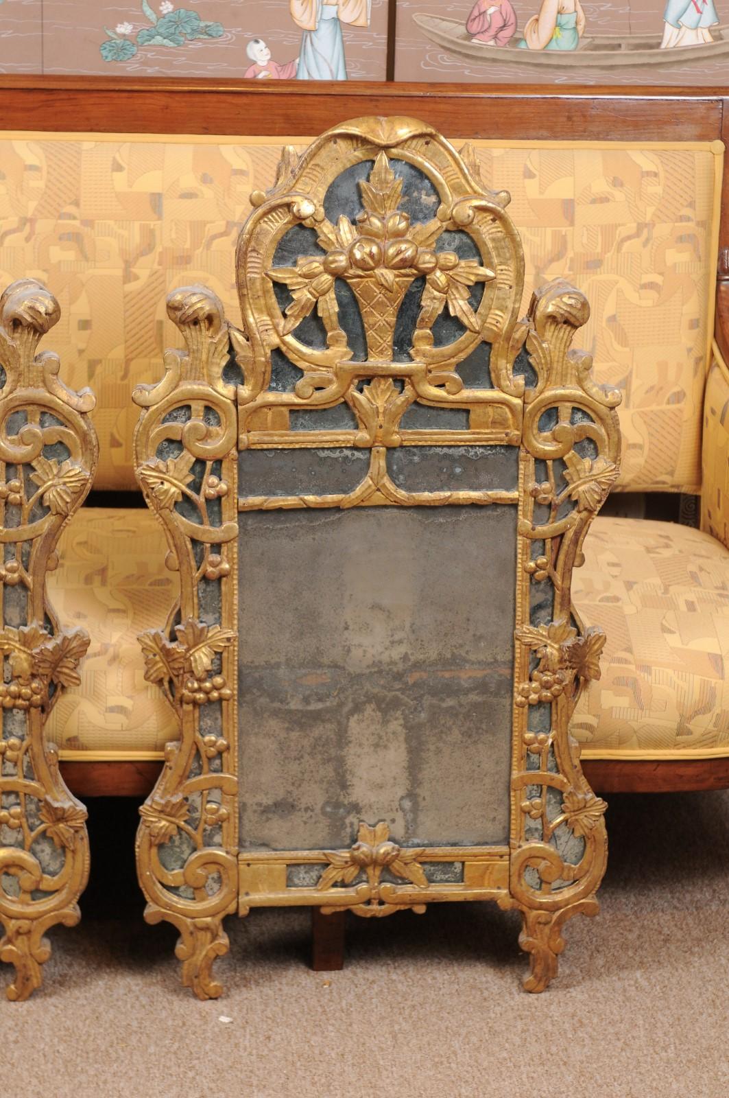 Hand-Carved Pair of Louis XV Style French Giltwood Mirrors